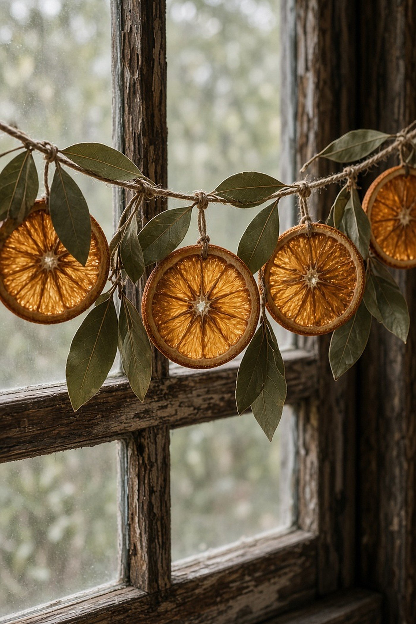 Handmade dried orange slice garland with bay leaves on twine hanging across a rustic window