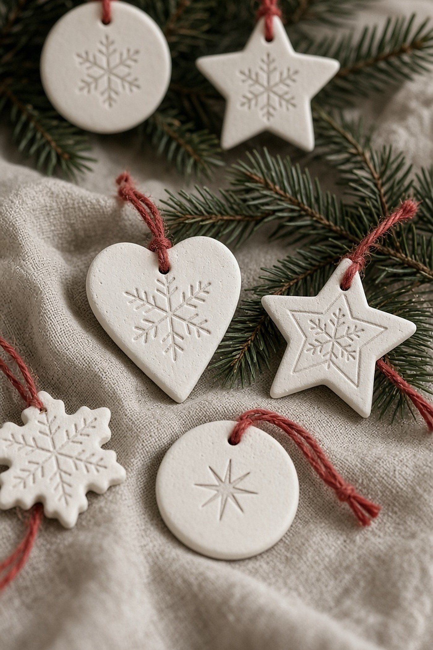 White salt dough Christmas ornaments stamped with snowflakes tied with red twine on linen