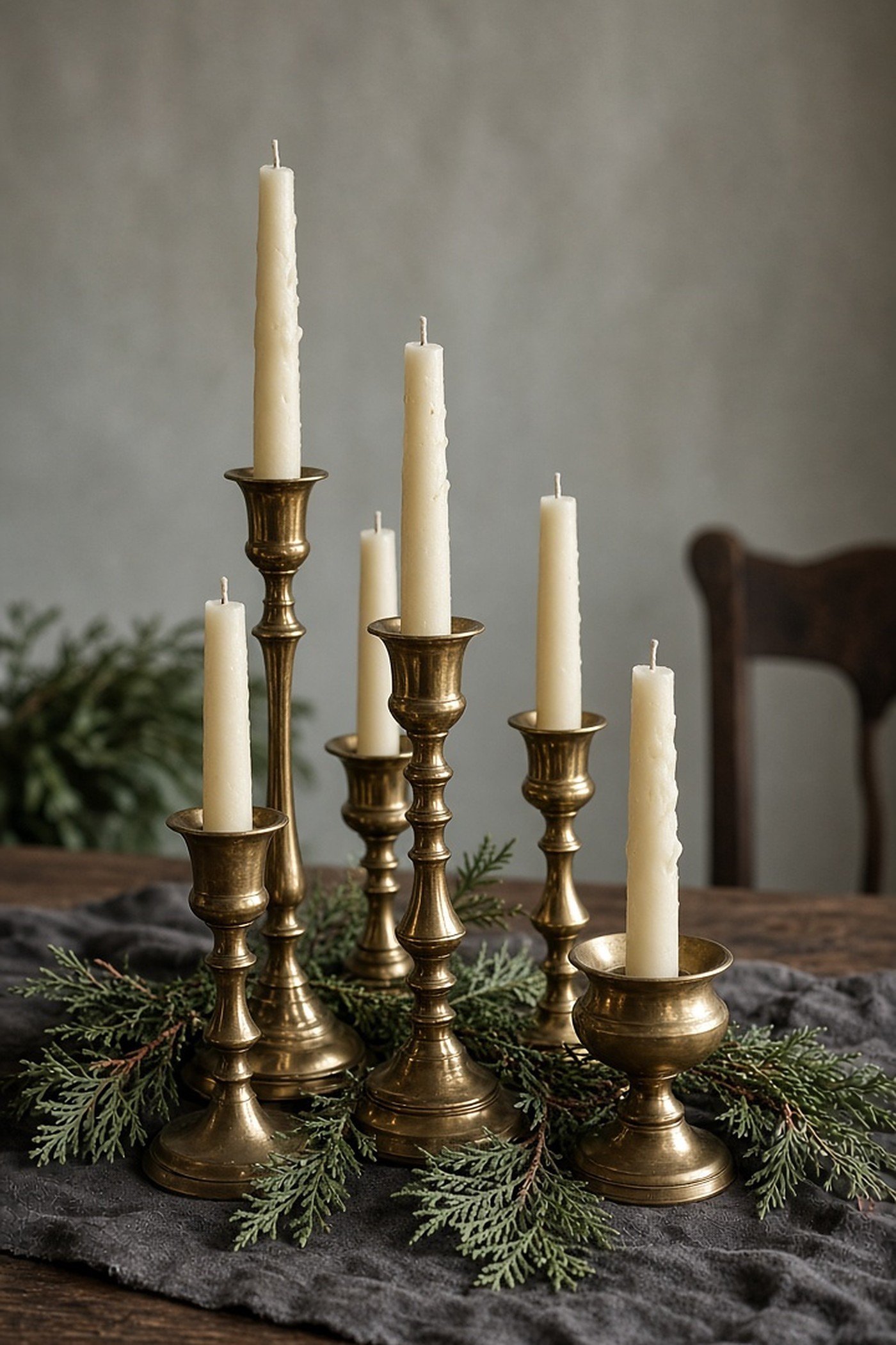 Cluster of thrifted brass candlesticks with cream taper candles and cedar sprigs on a dining table