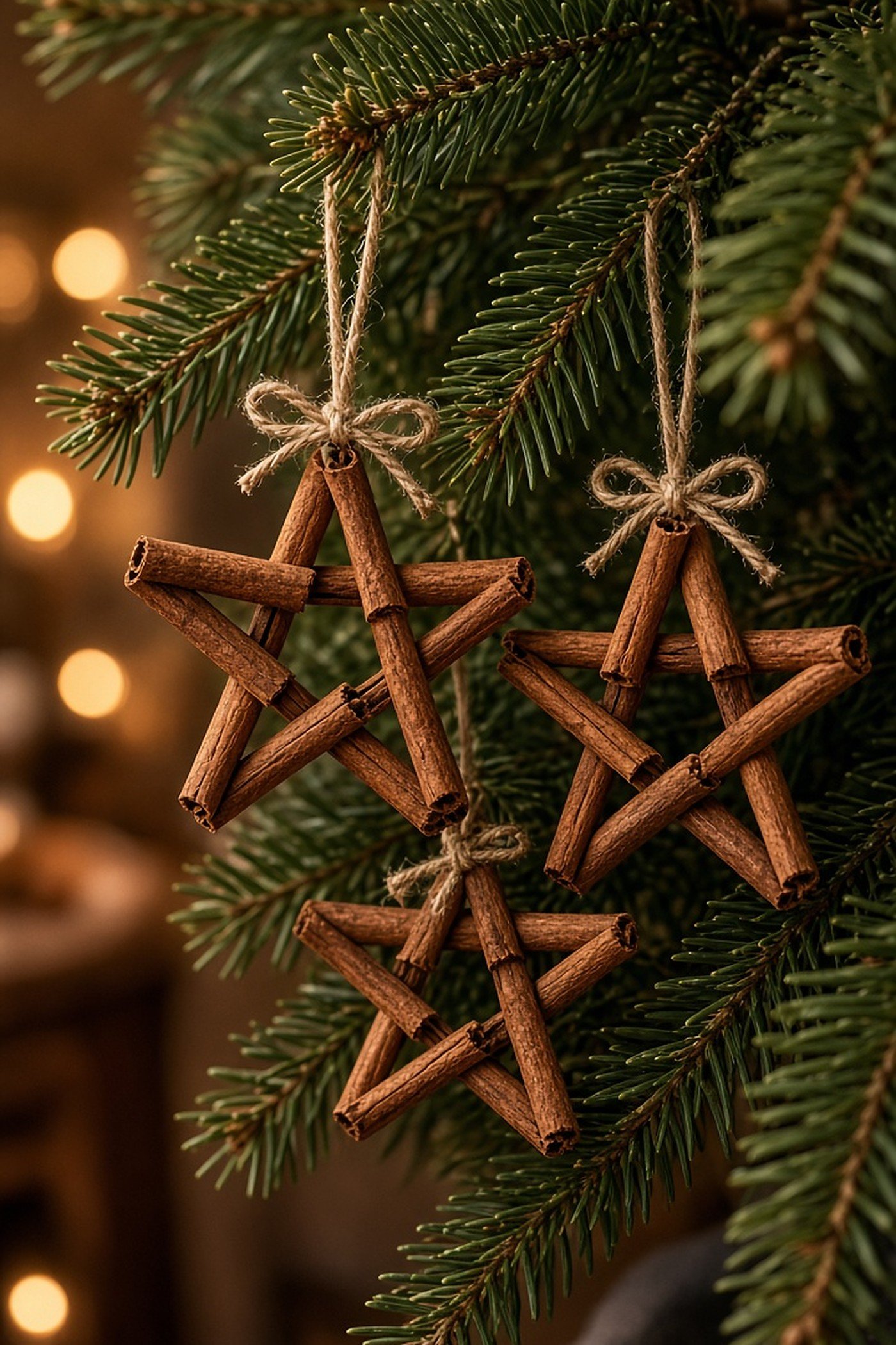 Handmade cinnamon stick star ornaments tied with twine hanging on evergreen branches