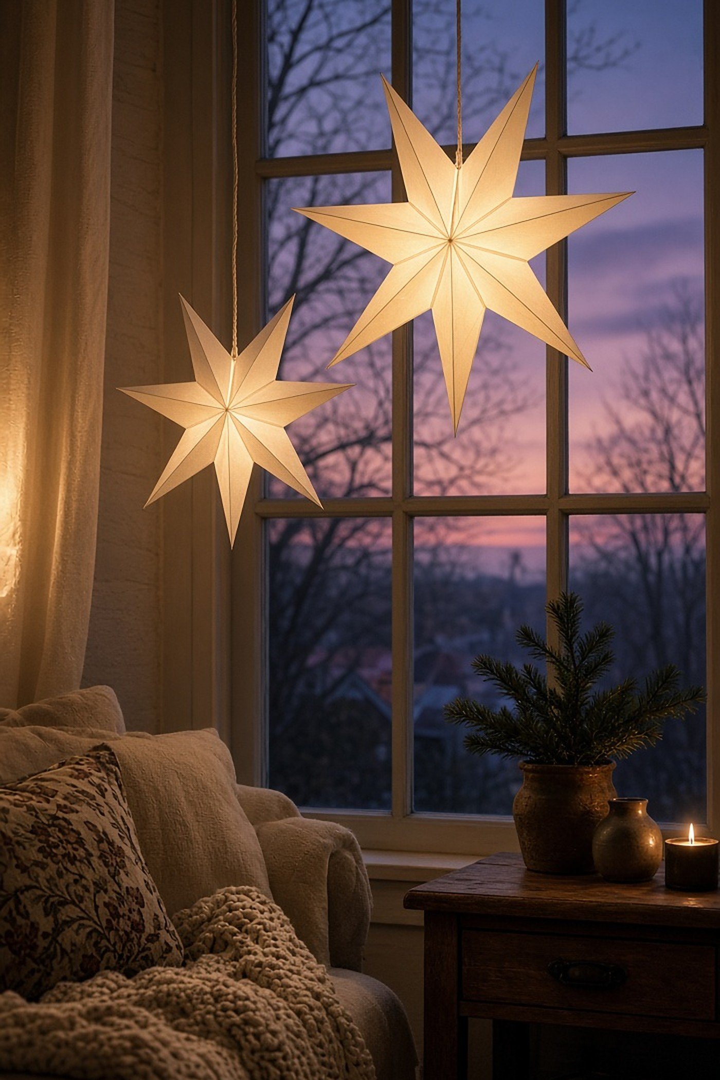 Glowing white paper star lanterns hanging in a window at dusk in a cozy home