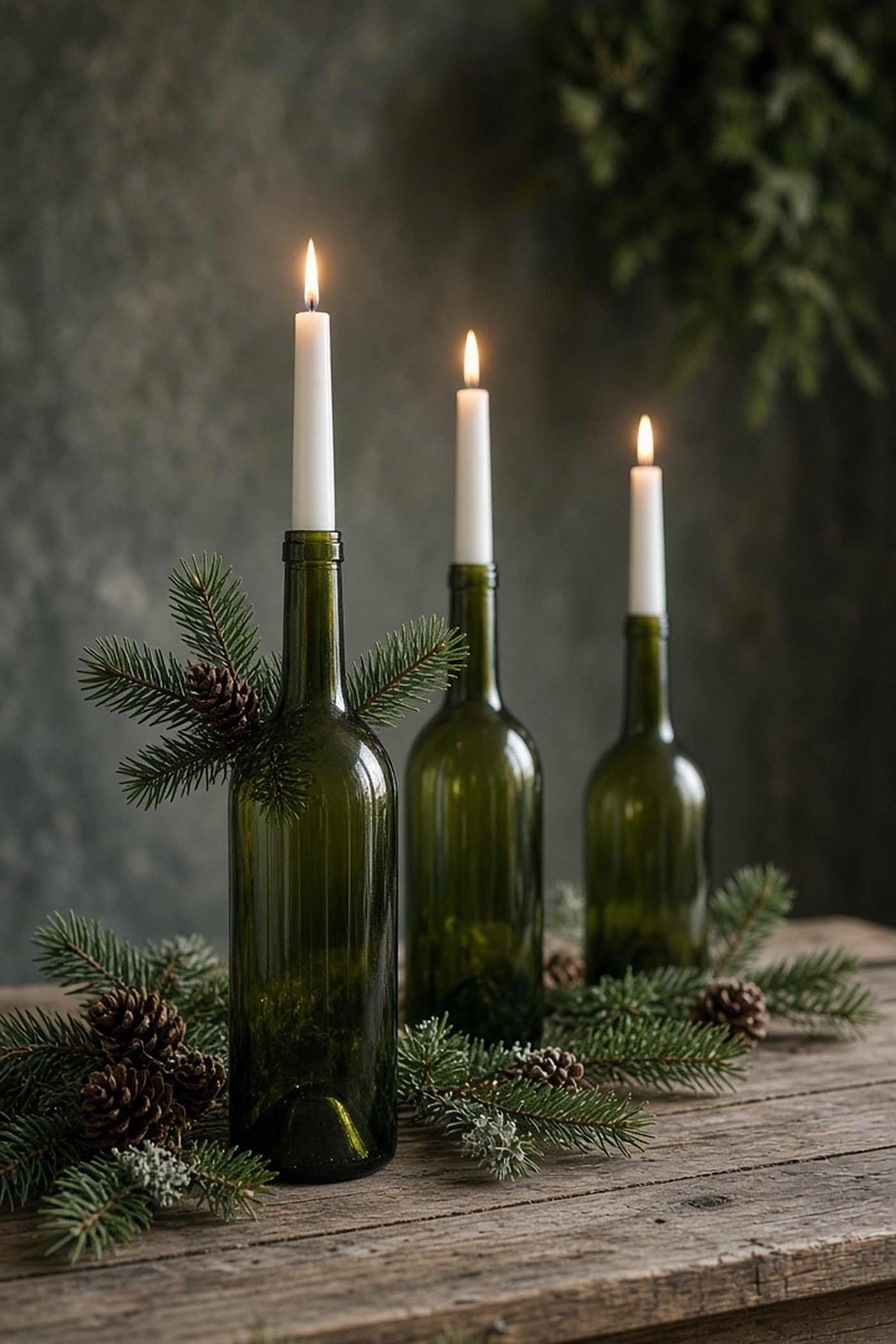Upcycled green wine bottles used as candle holders with white taper candles and evergreen sprigs