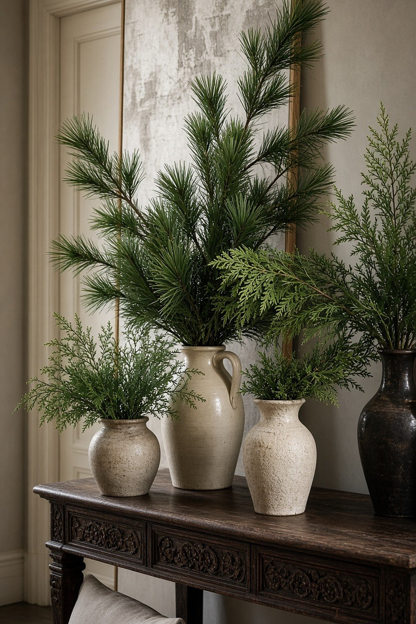 Clipped pine and cedar branches in thrifted ceramic vases and stoneware jugs on a console table