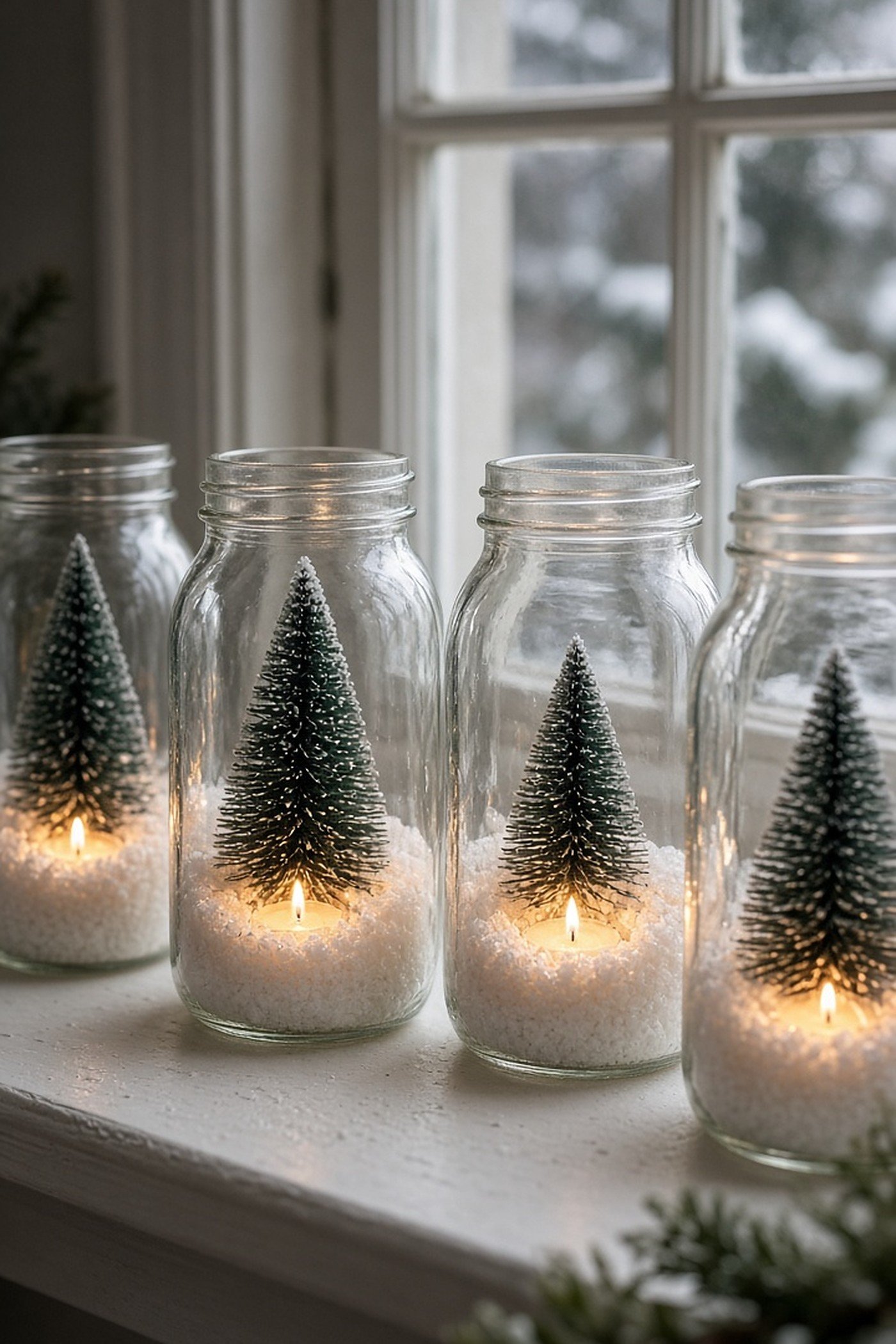 Mason jar luminaries filled with faux snow, mini bottle brush trees and tea lights on a windowsill