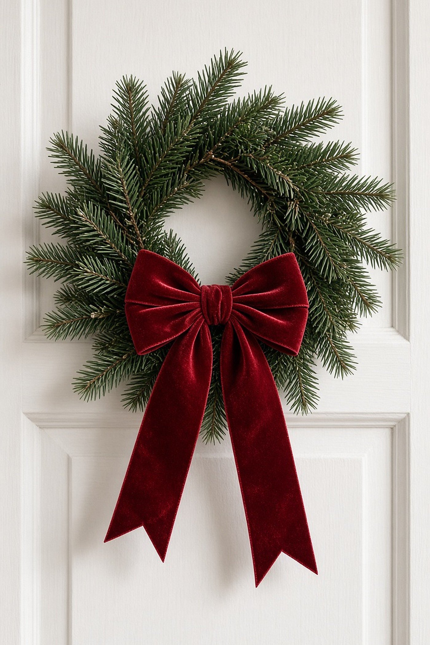 Simple evergreen wreath upgraded with a large deep red velvet ribbon bow on a white door