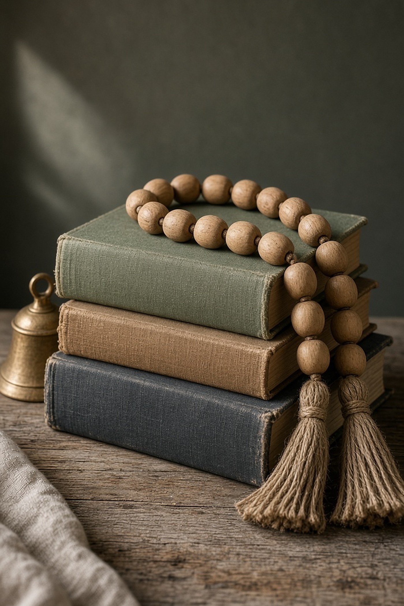 Handmade natural wooden bead garland with jute tassels on a stack of vintage books