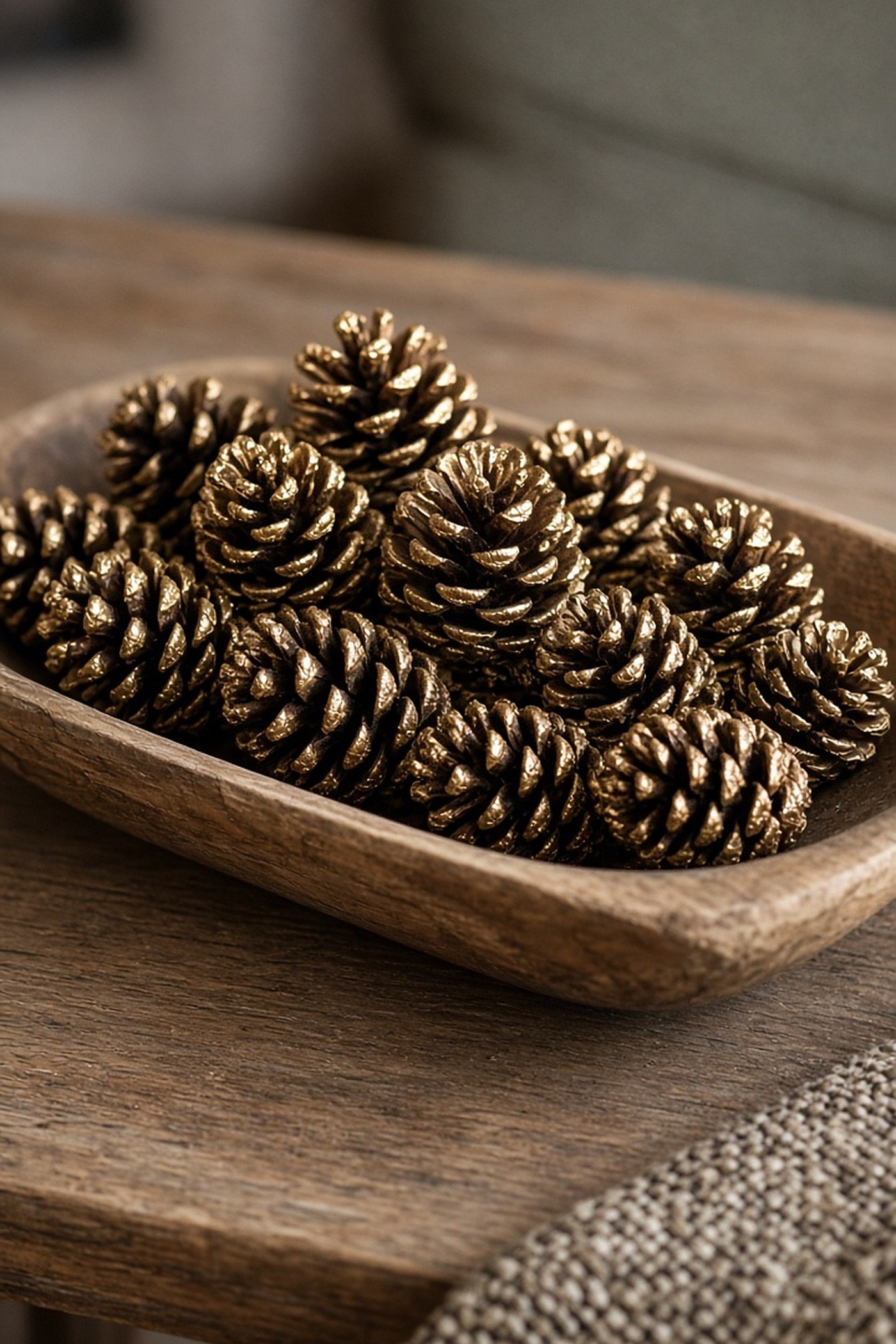 Natural pine cones with gold painted tips piled in a wooden dough bowl on a coffee table