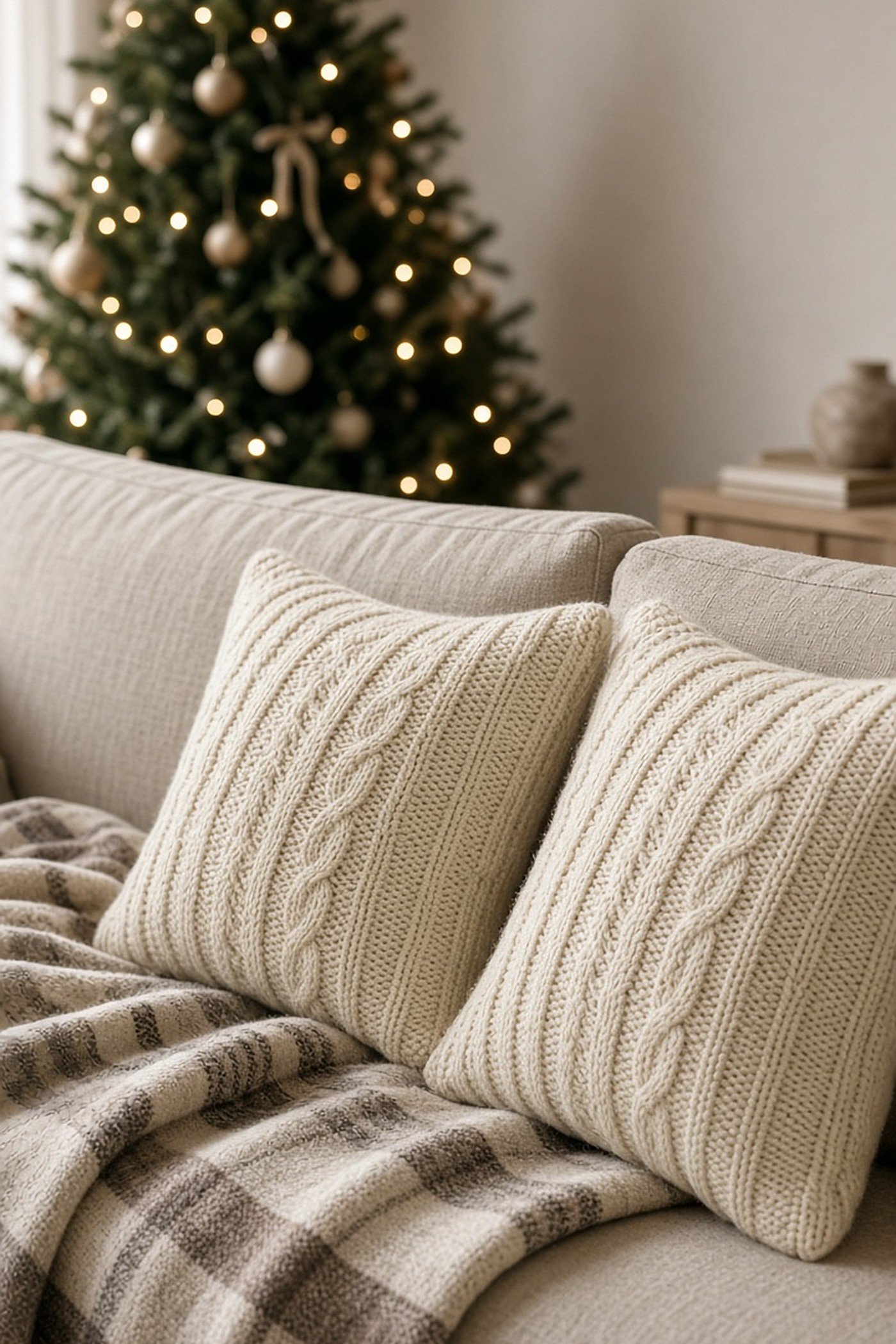 Cream cable knit pillow covers made from upcycled sweaters on a linen sofa with a plaid blanket