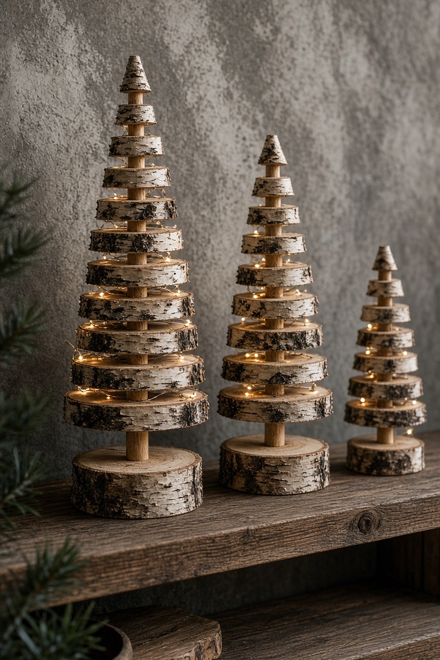 Rustic DIY birch wood slice Christmas trees stacked on dowels displayed on a wooden shelf