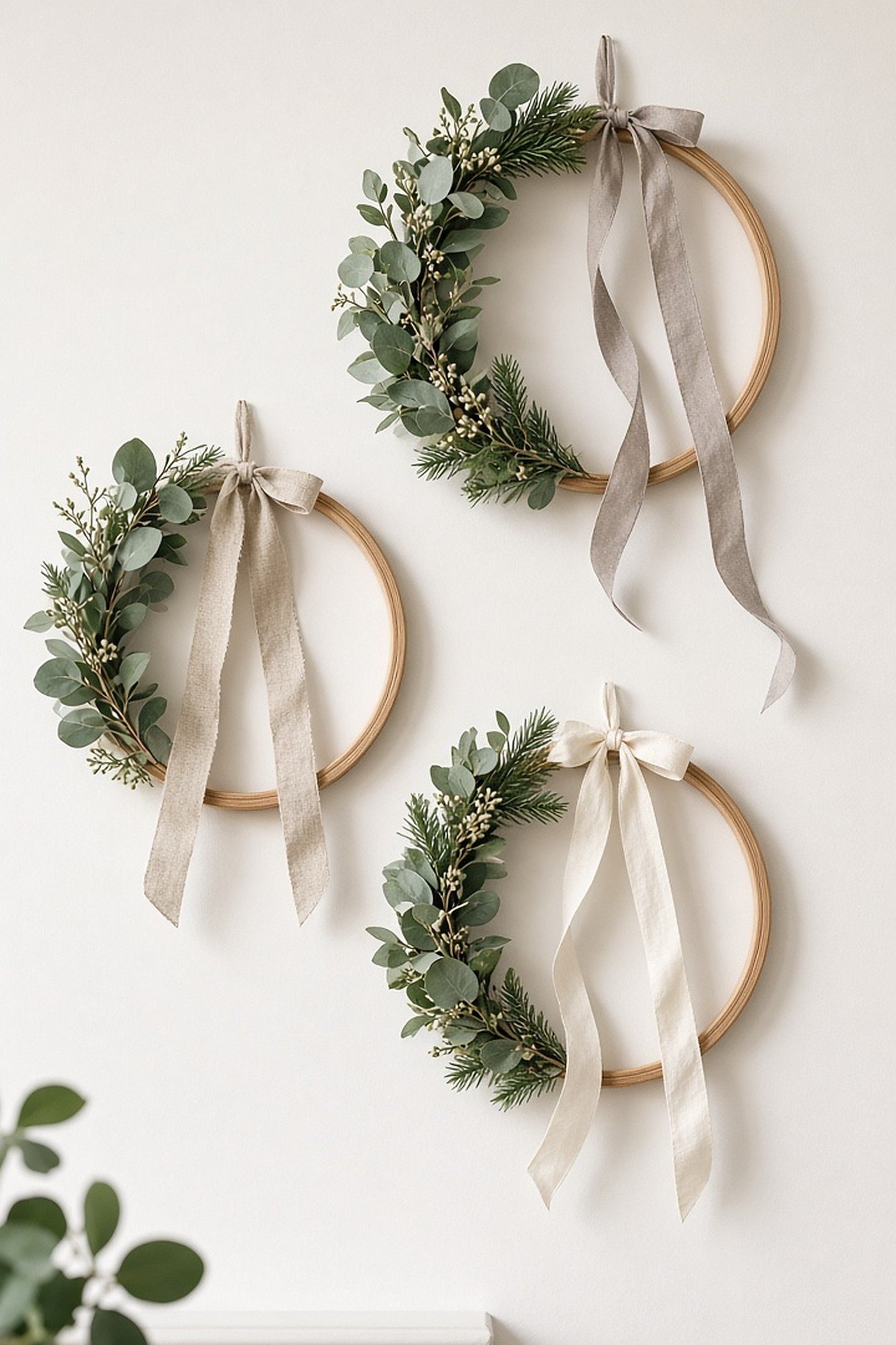 Three wooden embroidery hoop wreaths with eucalyptus, pine sprigs and linen ribbon on a white wall