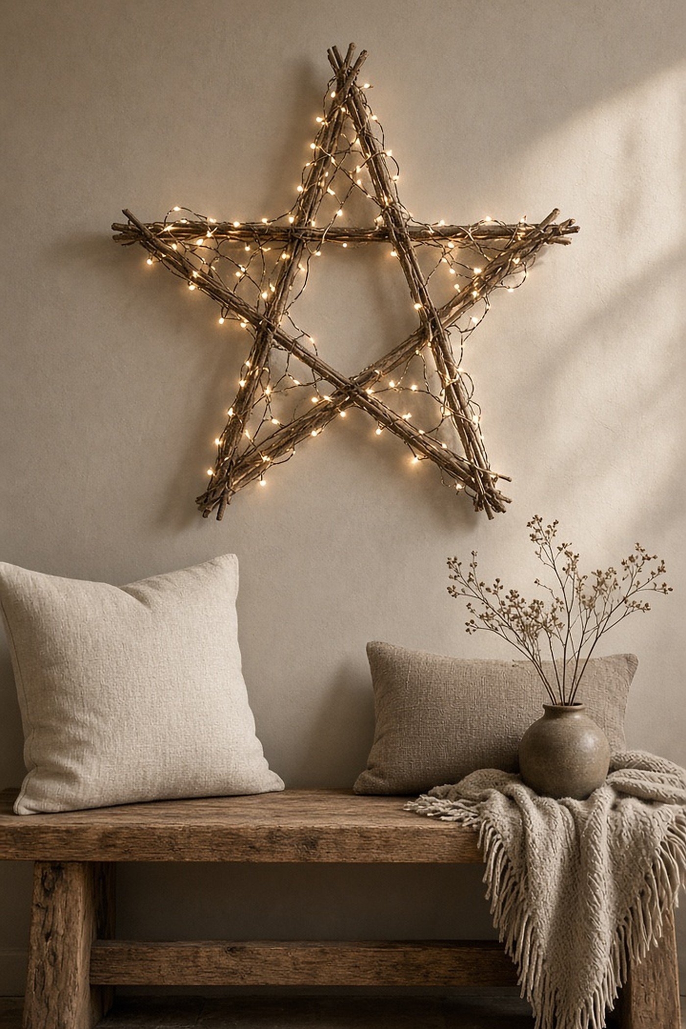 Large rustic twig star wrapped with warm fairy lights hanging above a wooden bench