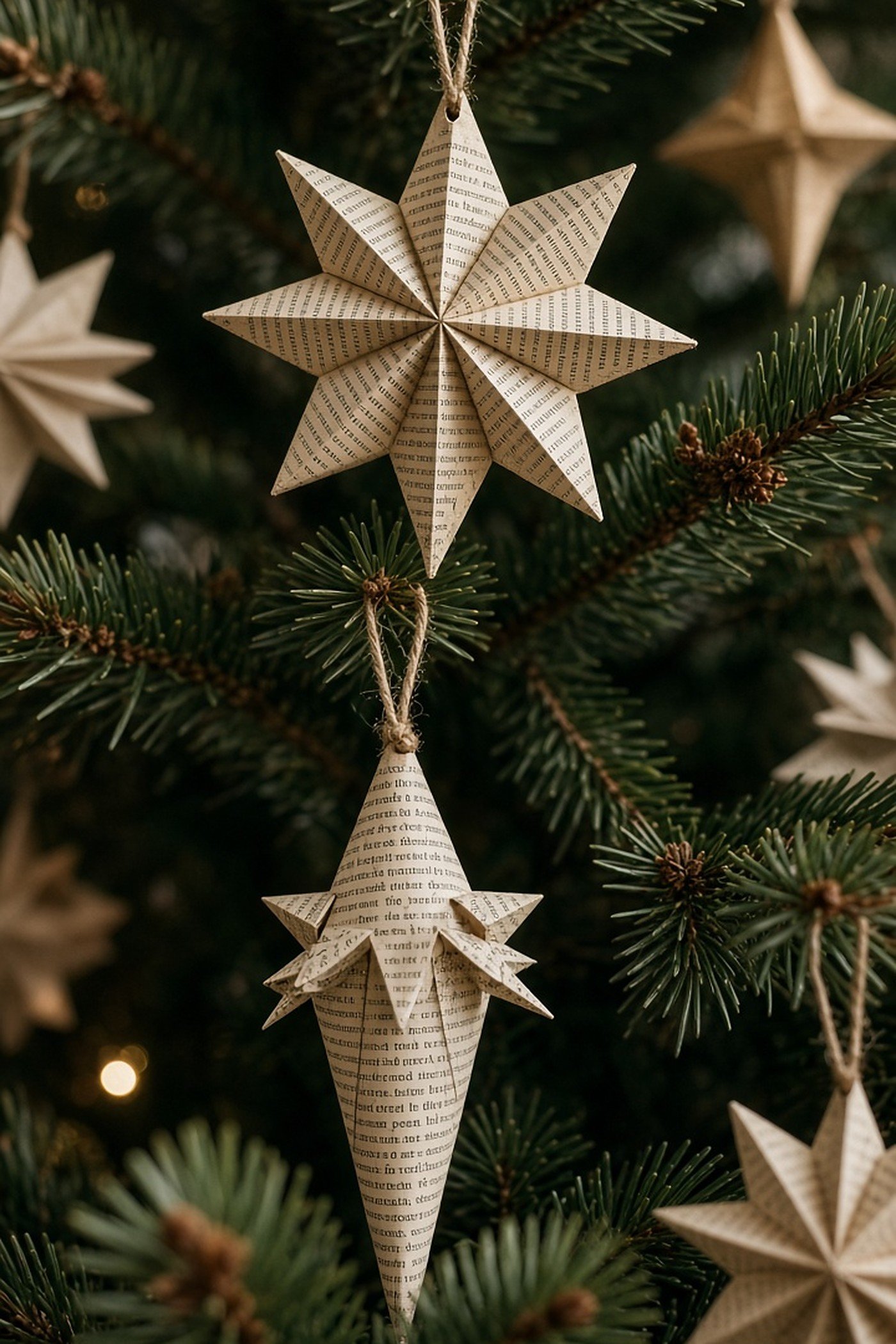 Vintage book page Christmas ornaments folded into stars and cones hanging on a tree with twine