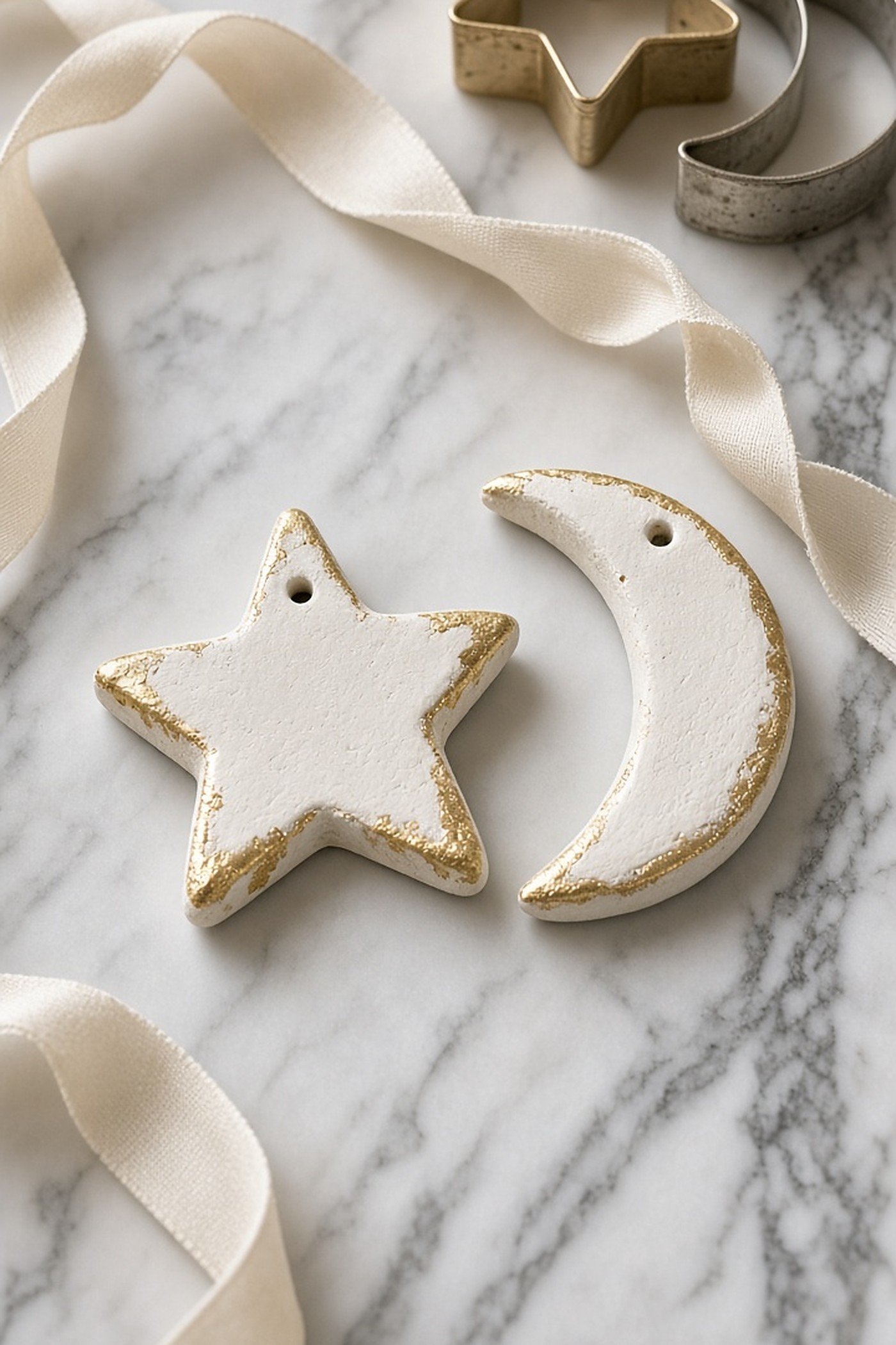 White air-dry clay star and moon ornaments with gold painted edges on a marble surface