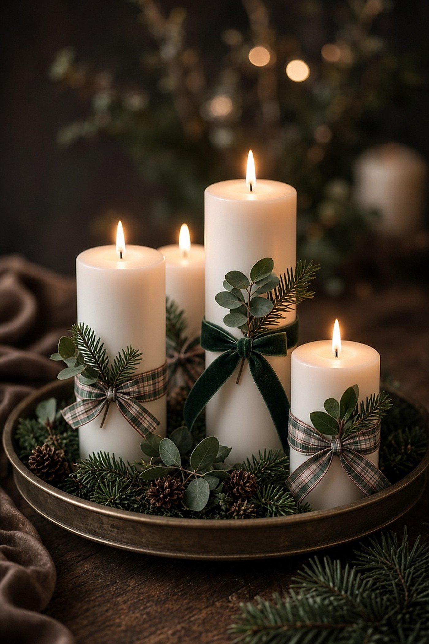 White pillar candles wrapped with plaid and velvet ribbon and greenery on a tray