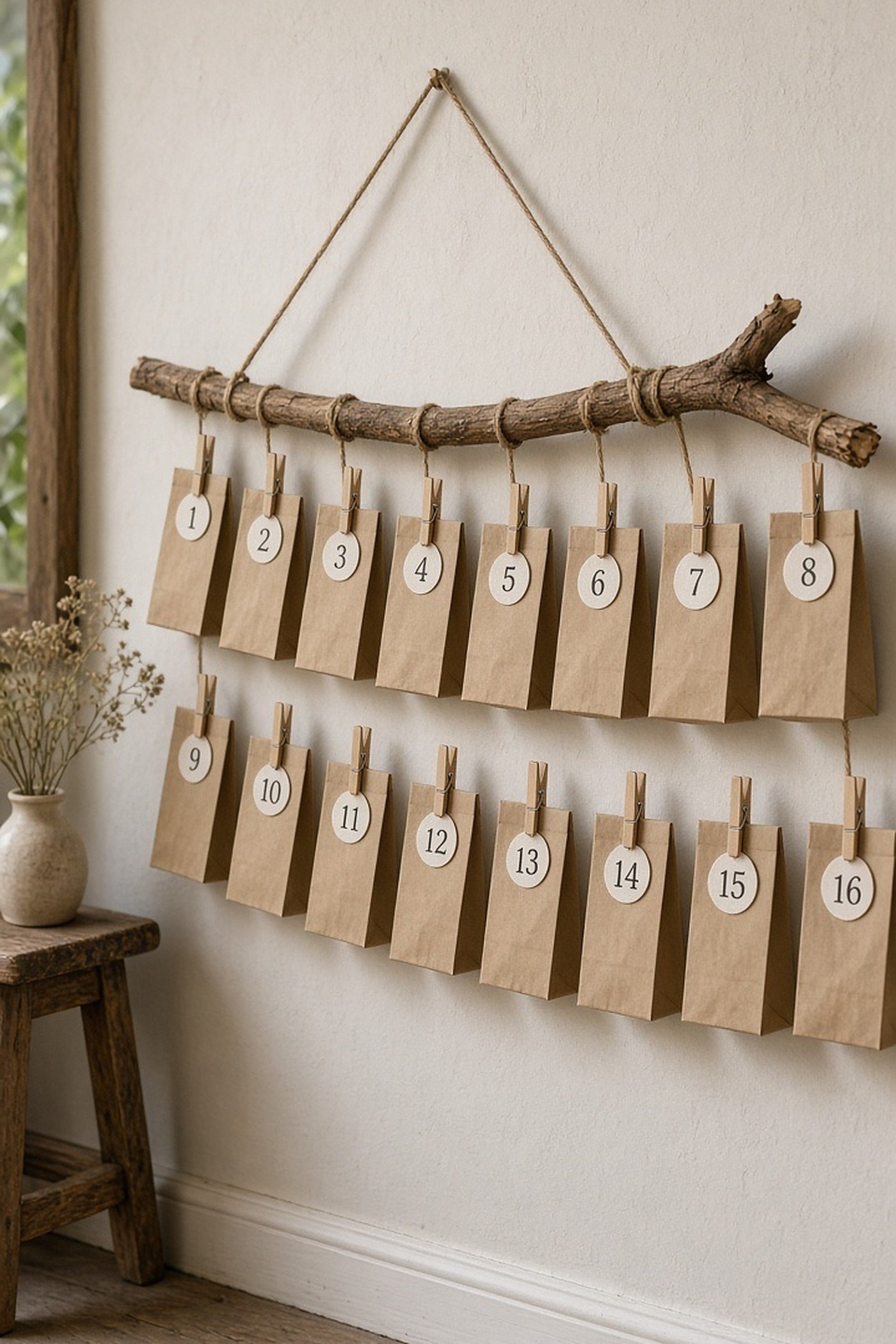 DIY advent calendar of numbered kraft paper bags clipped to a branch on a wall