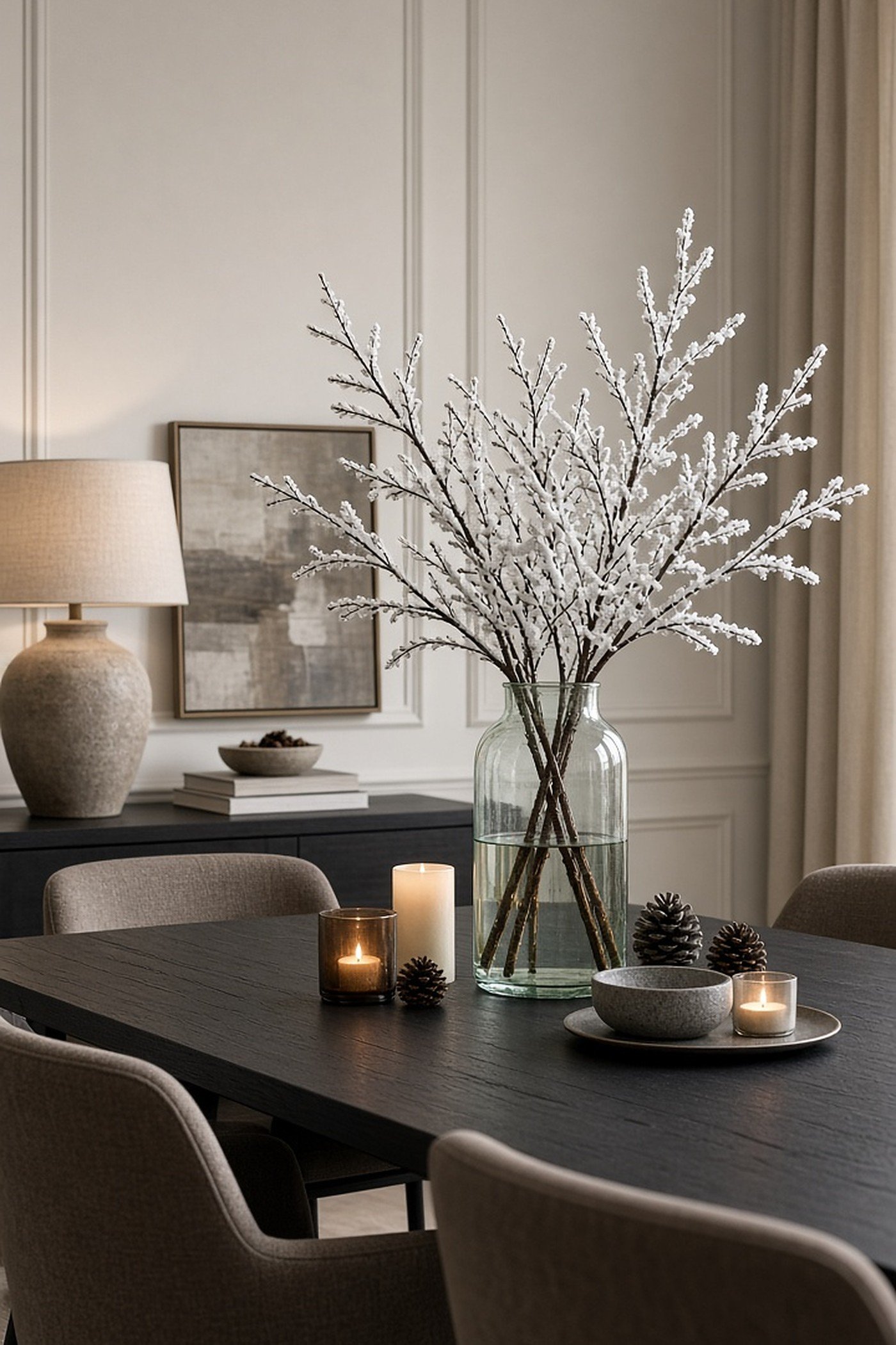 Dining table centerpiece of snow-dusted branches in a tall glass vase with candles and pine cones