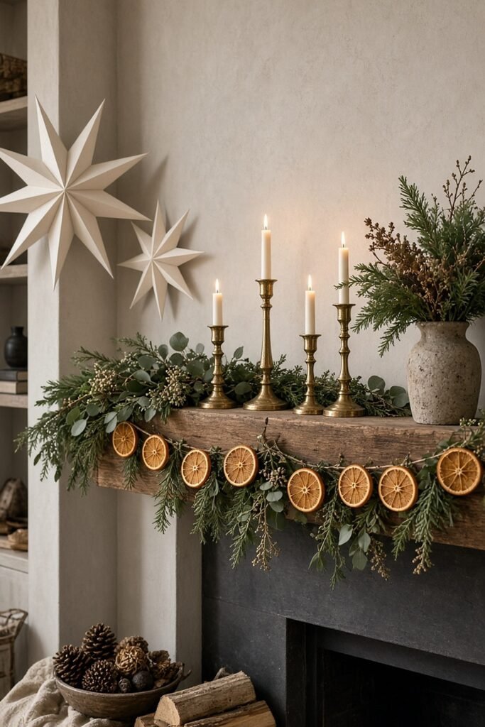 Budget-friendly DIY Christmas mantel with dried orange garland, paper stars, thrifted brass candlesticks and greenery