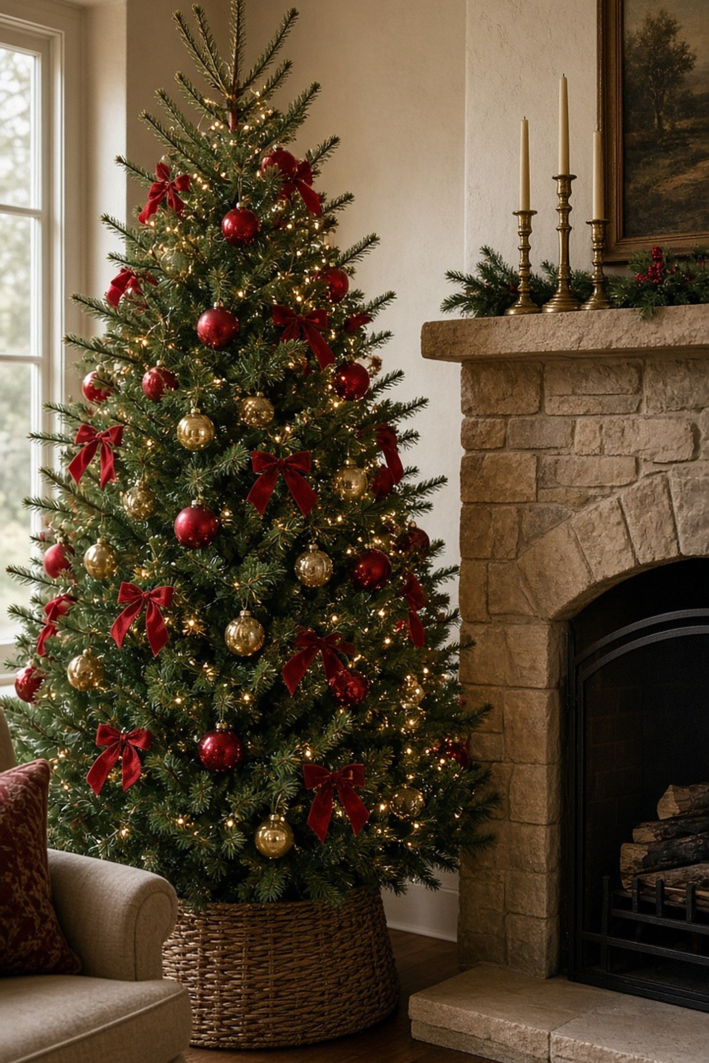 Traditional Christmas tree with red and gold ornaments and red velvet bows beside a stone fireplace