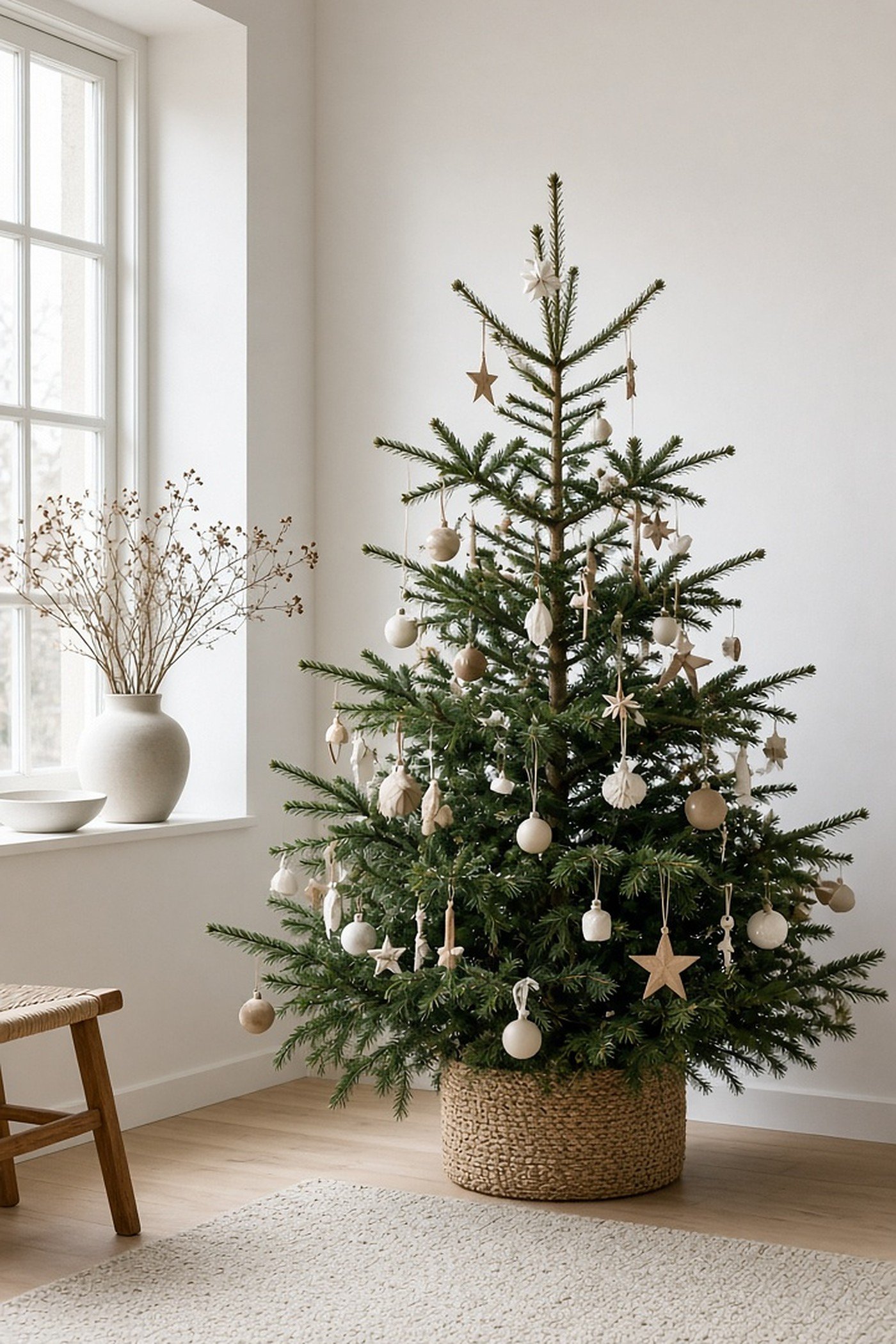 Scandinavian Christmas tree with cream ornaments and wooden stars in a woven basket in a bright minimal room