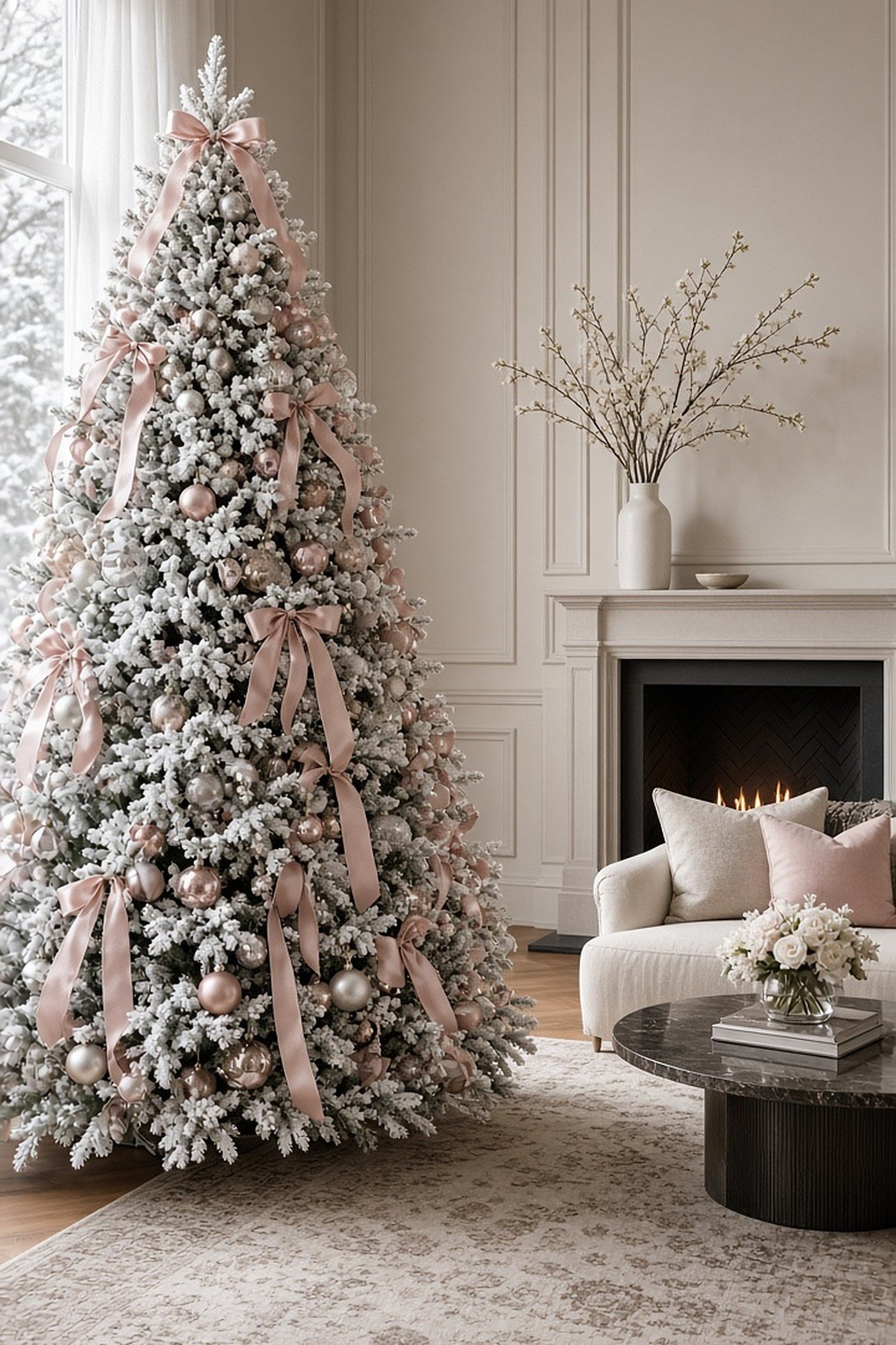 Snowy flocked Christmas tree with silver and blush pink ornaments and pink satin bows in an elegant living room