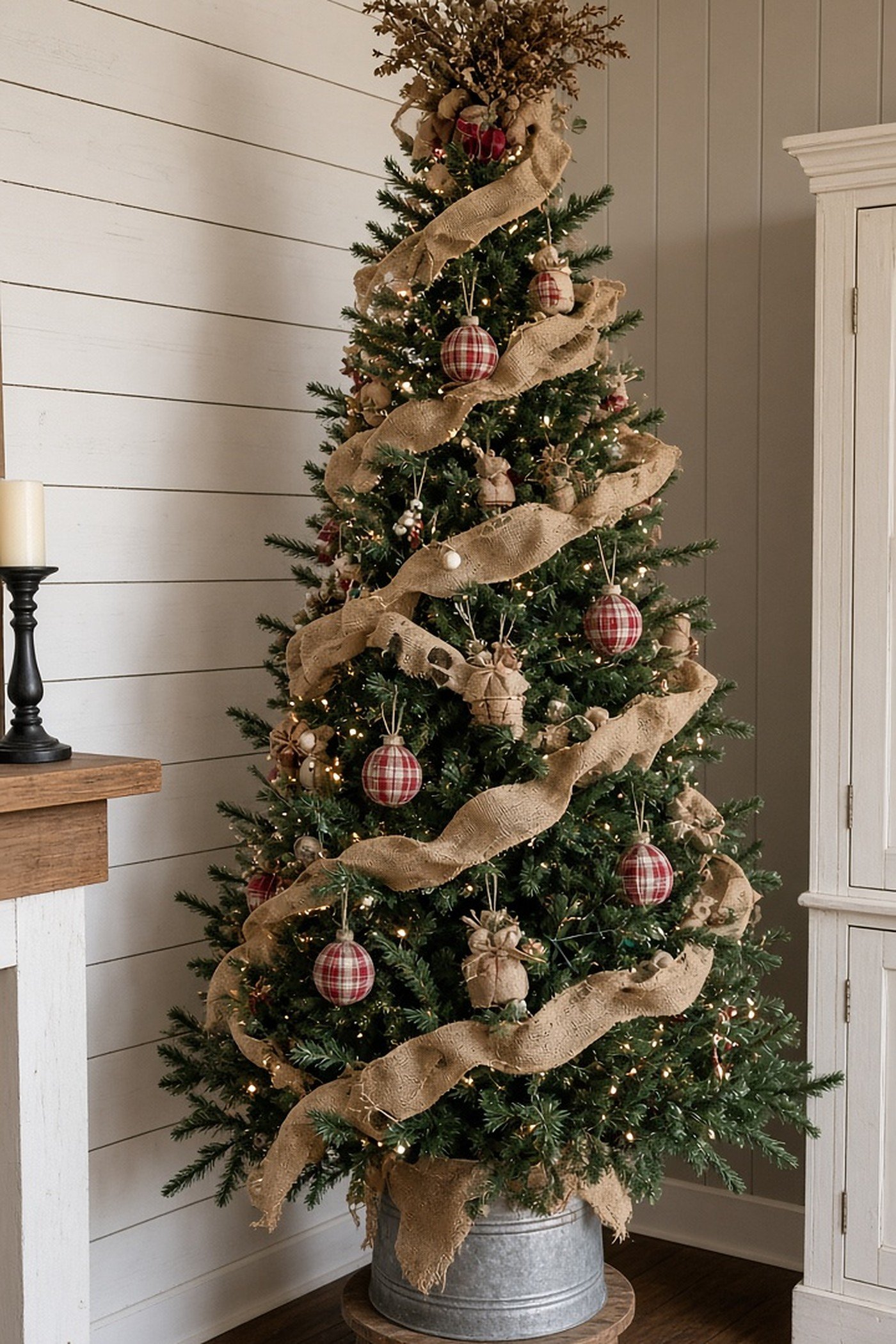 Rustic farmhouse Christmas tree wrapped in burlap ribbon with red plaid ornaments in a galvanized bucket