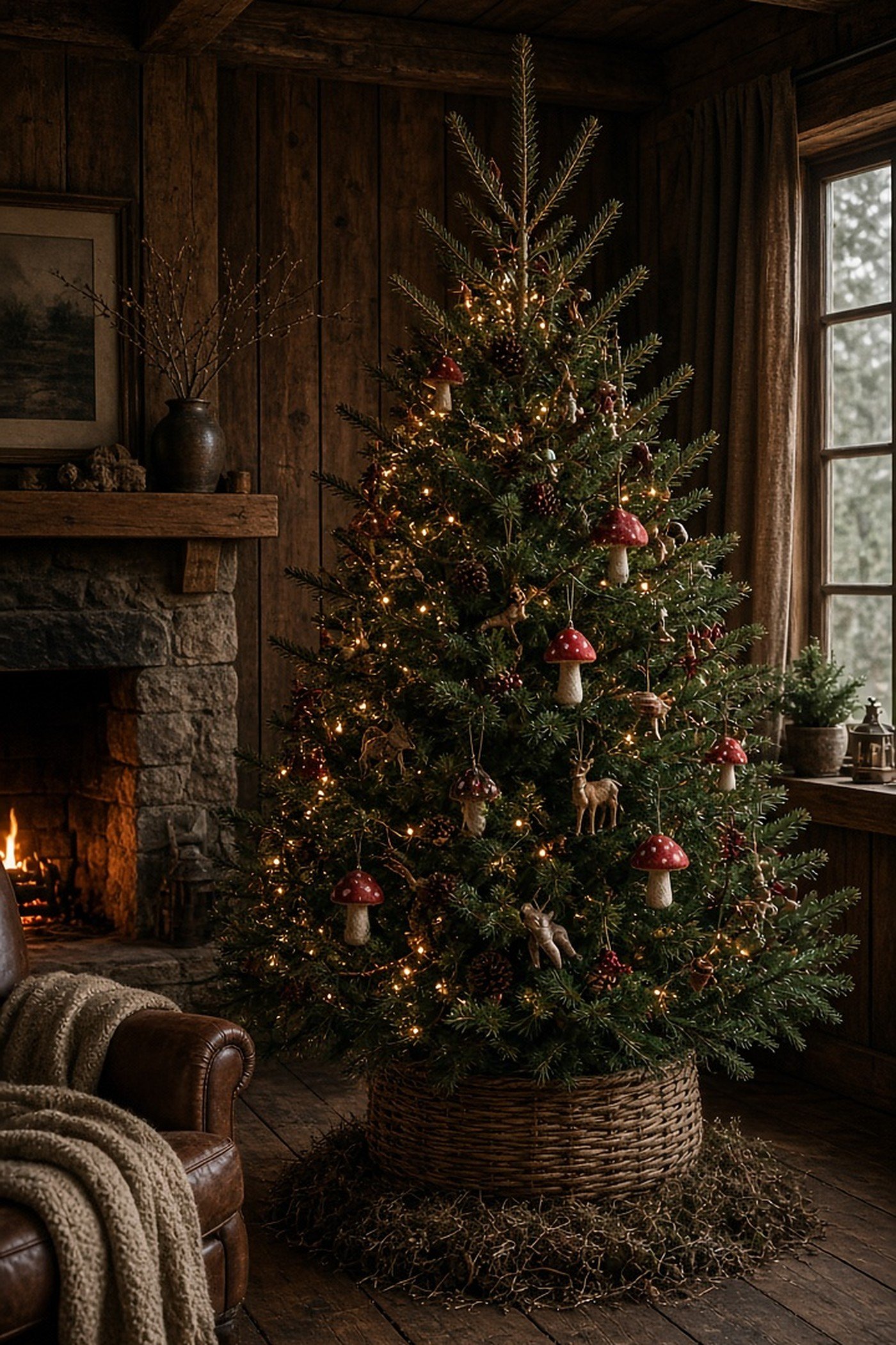 Woodland Christmas tree with felt mushroom ornaments, pine cones and wooden deer beside a cabin fireplace