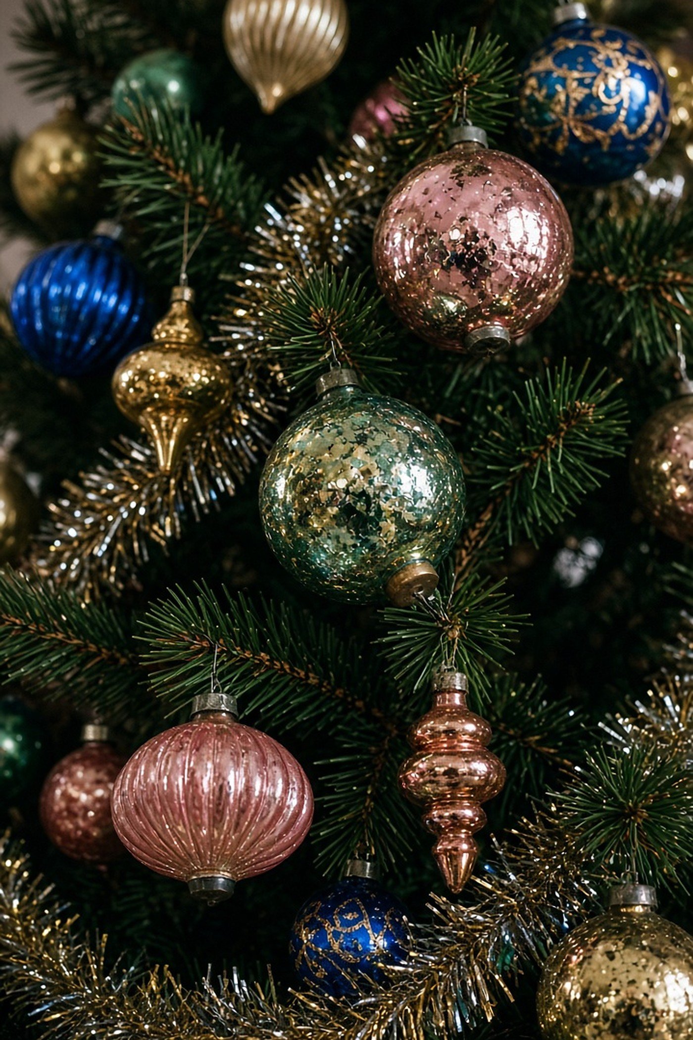 Close-up of colorful vintage mercury glass and blown glass Christmas ornaments with tinsel on a tree