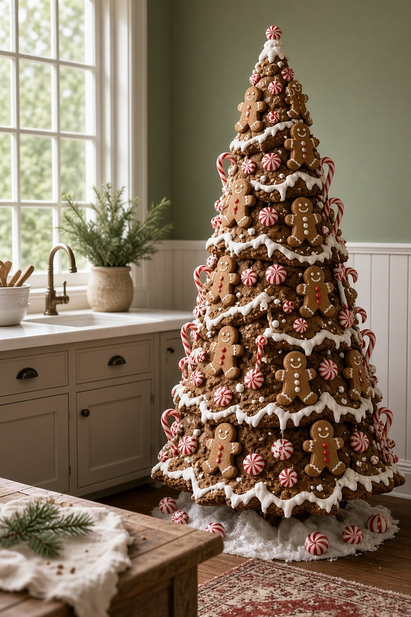Whimsical gingerbread Christmas tree with gingerbread men, candy canes and peppermint ornaments in a cozy kitchen