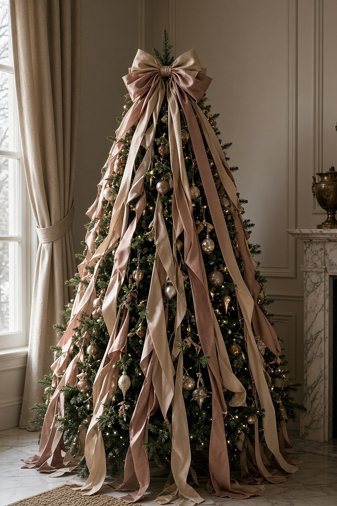 Christmas tree with cascading champagne and dusty rose waterfall ribbons falling from a large bow topper