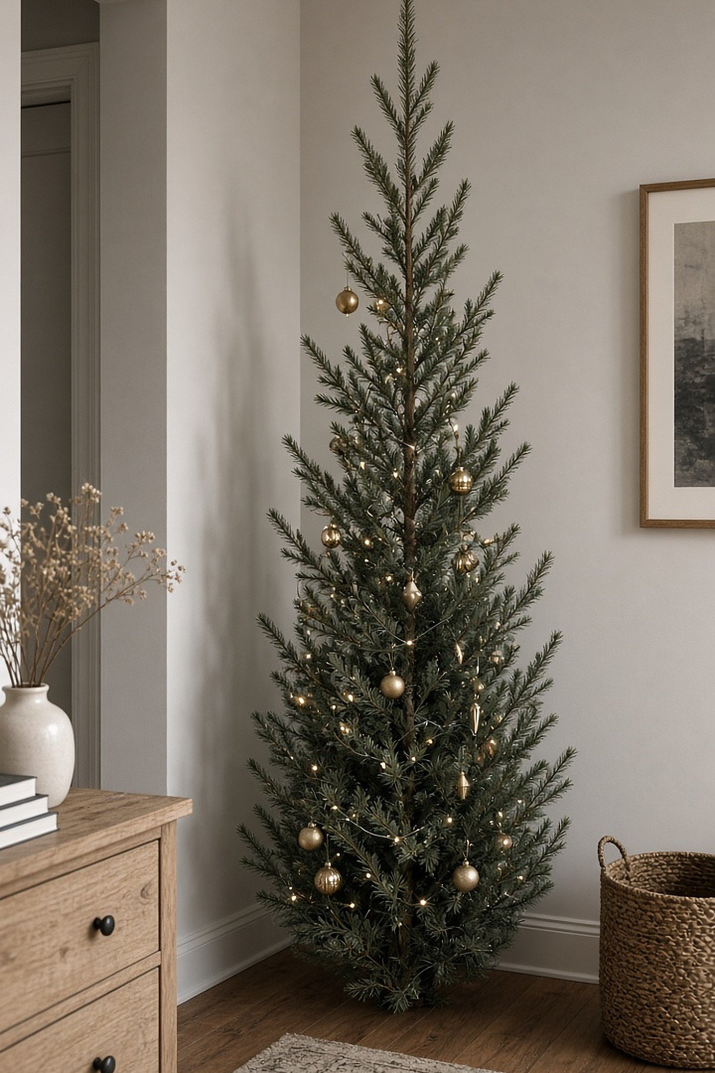 Slim pencil Christmas tree with white lights and a few gold ornaments in a narrow corner of a small apartment