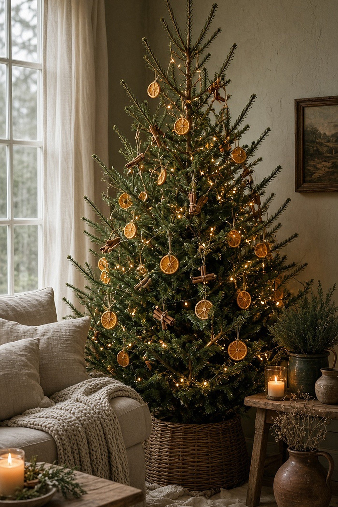 Natural Christmas tree decorated with dried orange slices and cinnamon stick bundles in a cozy cottage