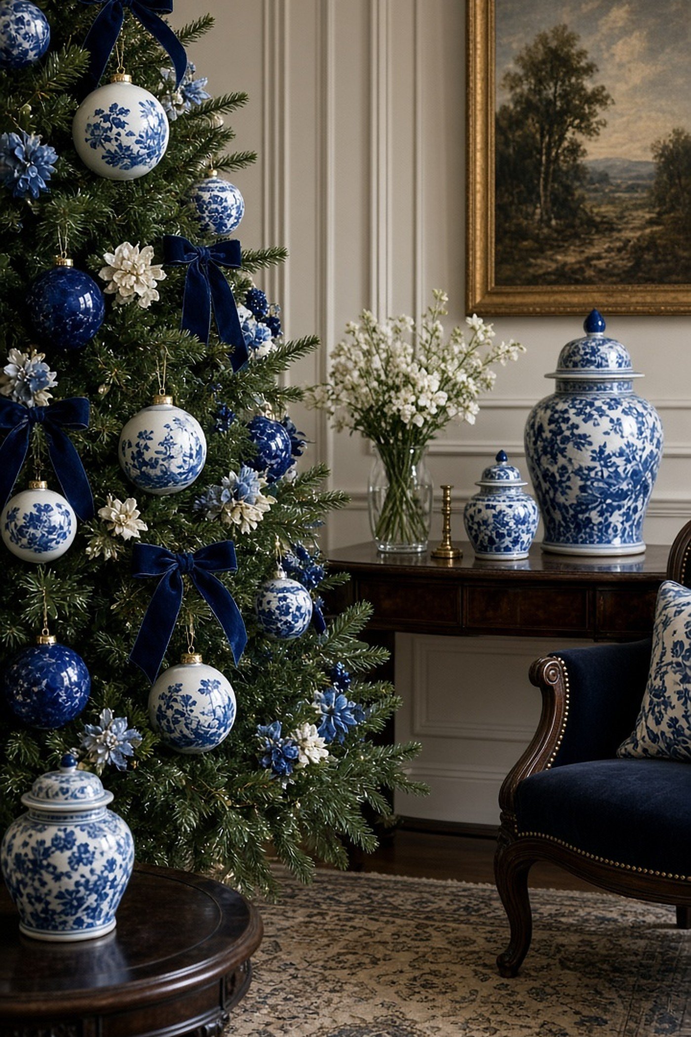 Christmas tree with blue and white chinoiserie porcelain ornaments and navy velvet bows near ginger jars