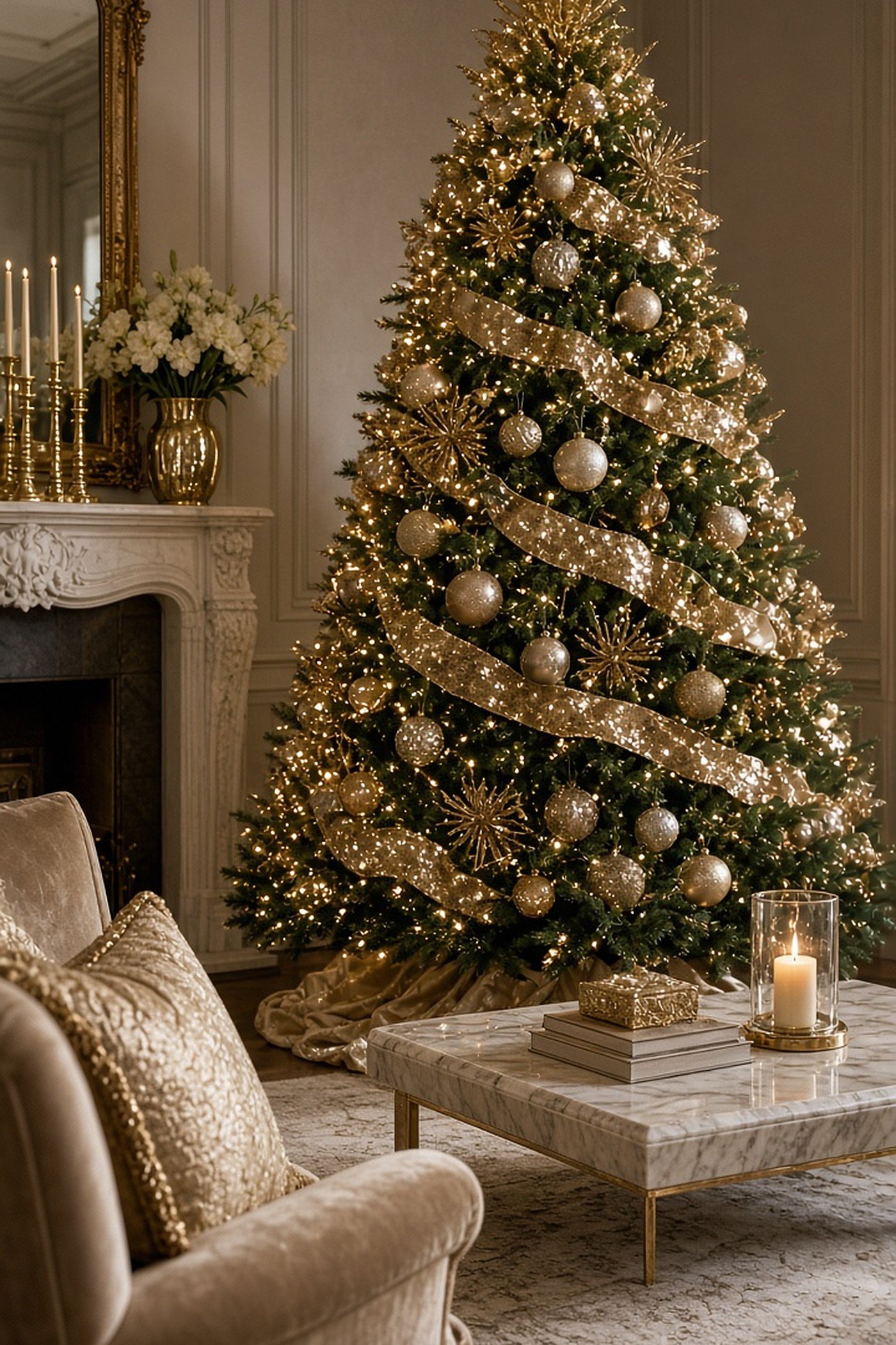 Glamorous Christmas tree in gold and champagne with glitter ornaments and sequin ribbon in an elegant living room