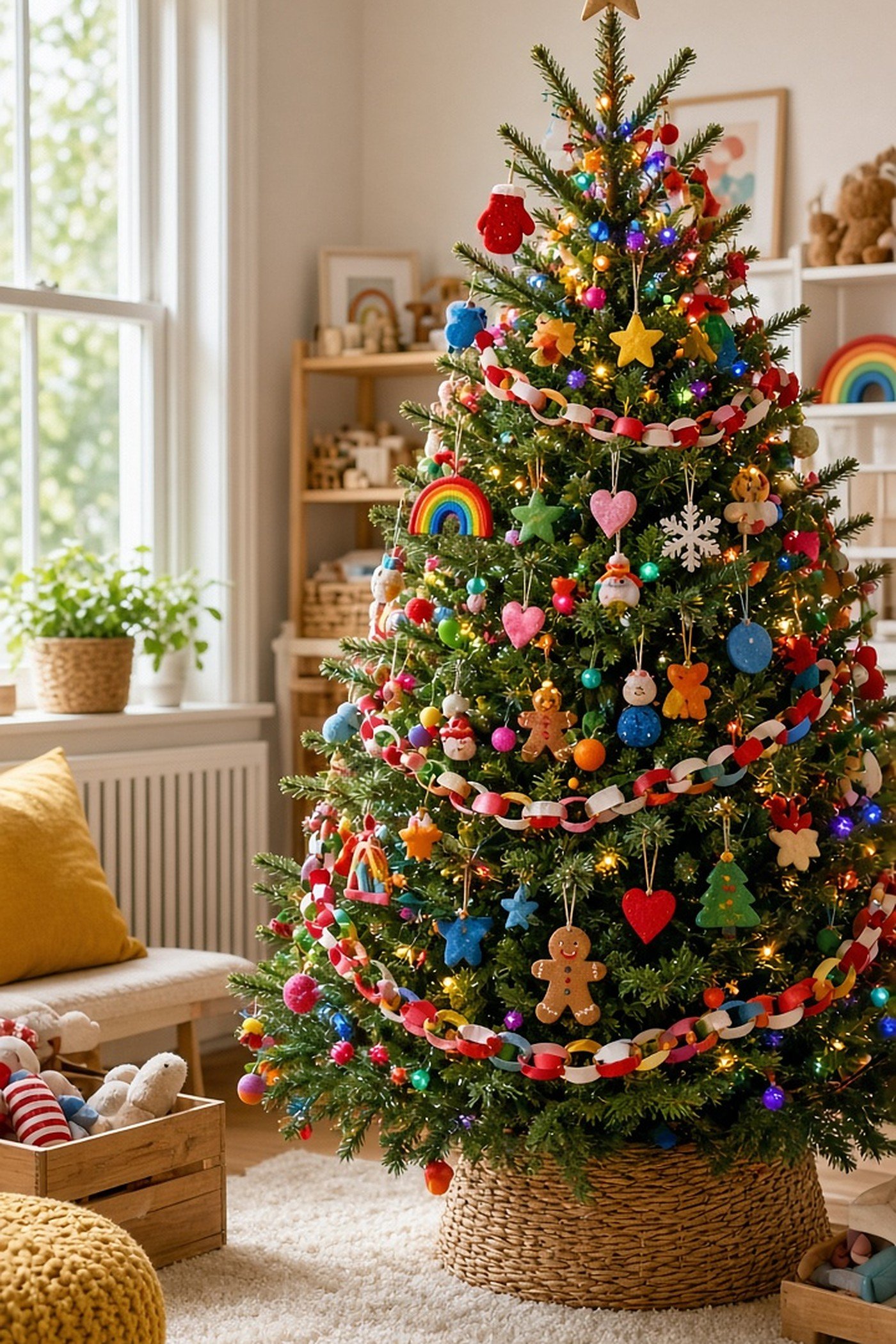 Cheerful family Christmas tree with colorful handmade kids ornaments, paper chains and rainbow lights