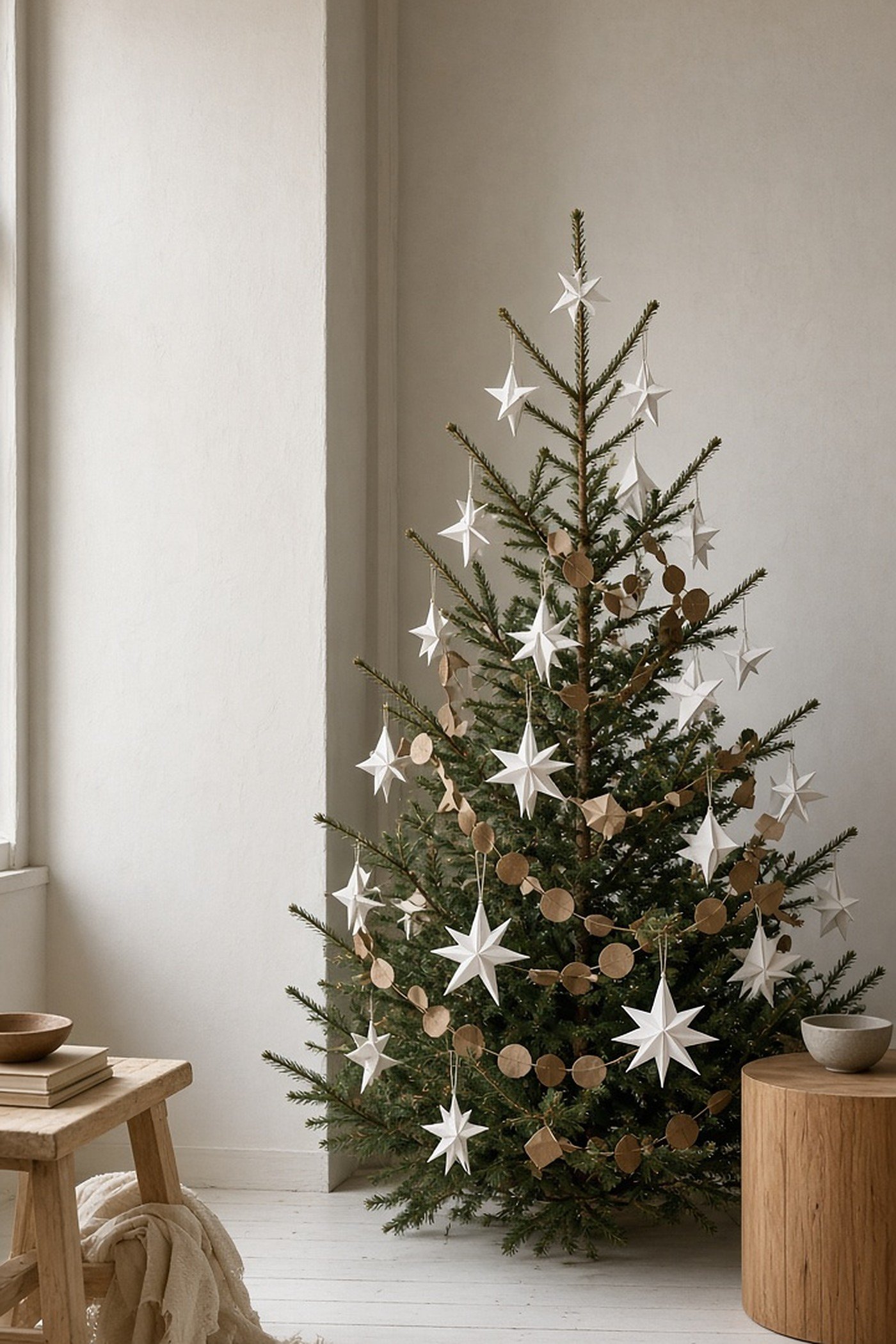 Scandinavian Christmas tree with white paper stars, origami ornaments and kraft paper garland