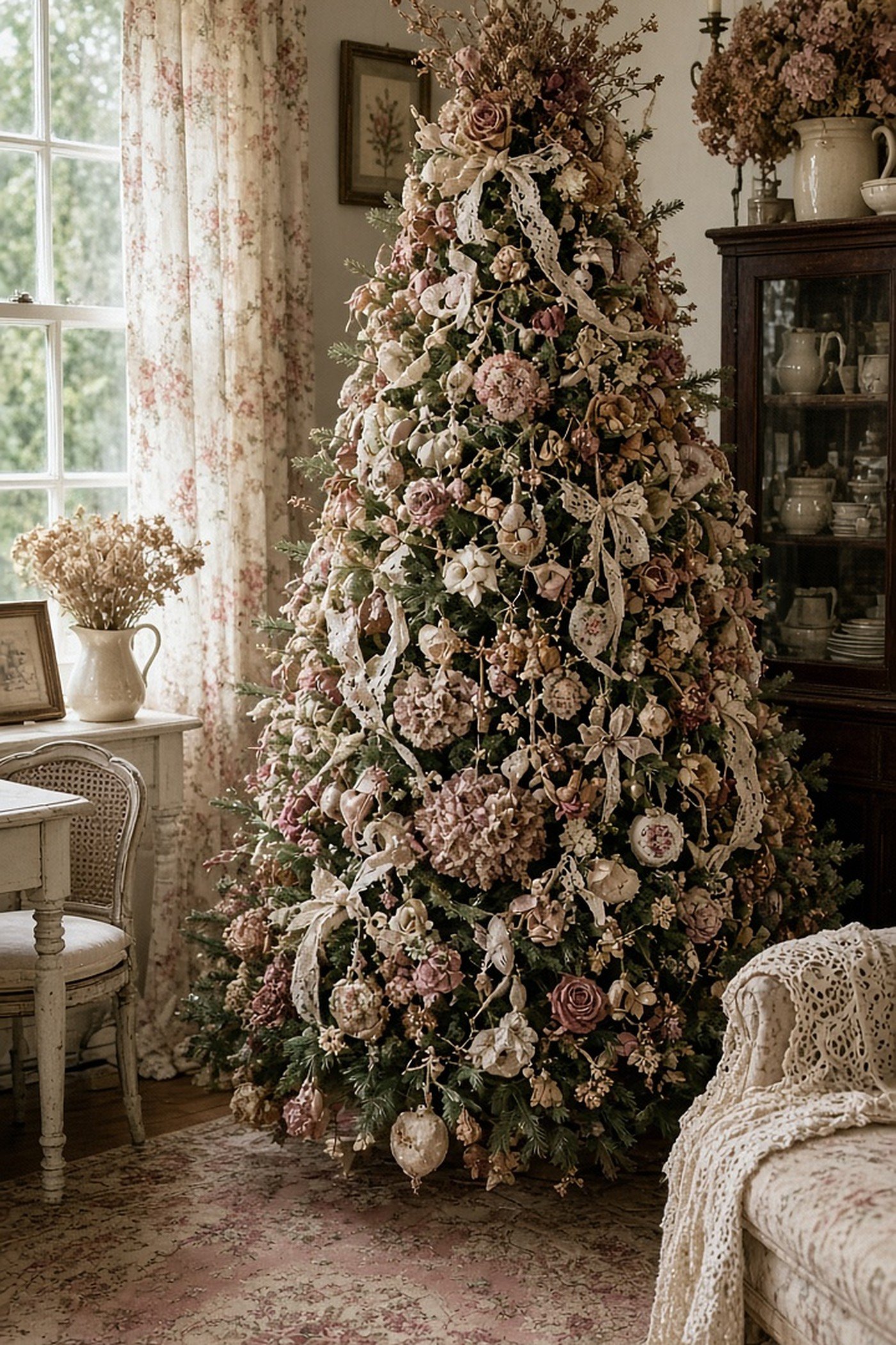 Cottagecore Christmas tree with dried hydrangeas, roses and lace ribbon in a vintage cottage parlor