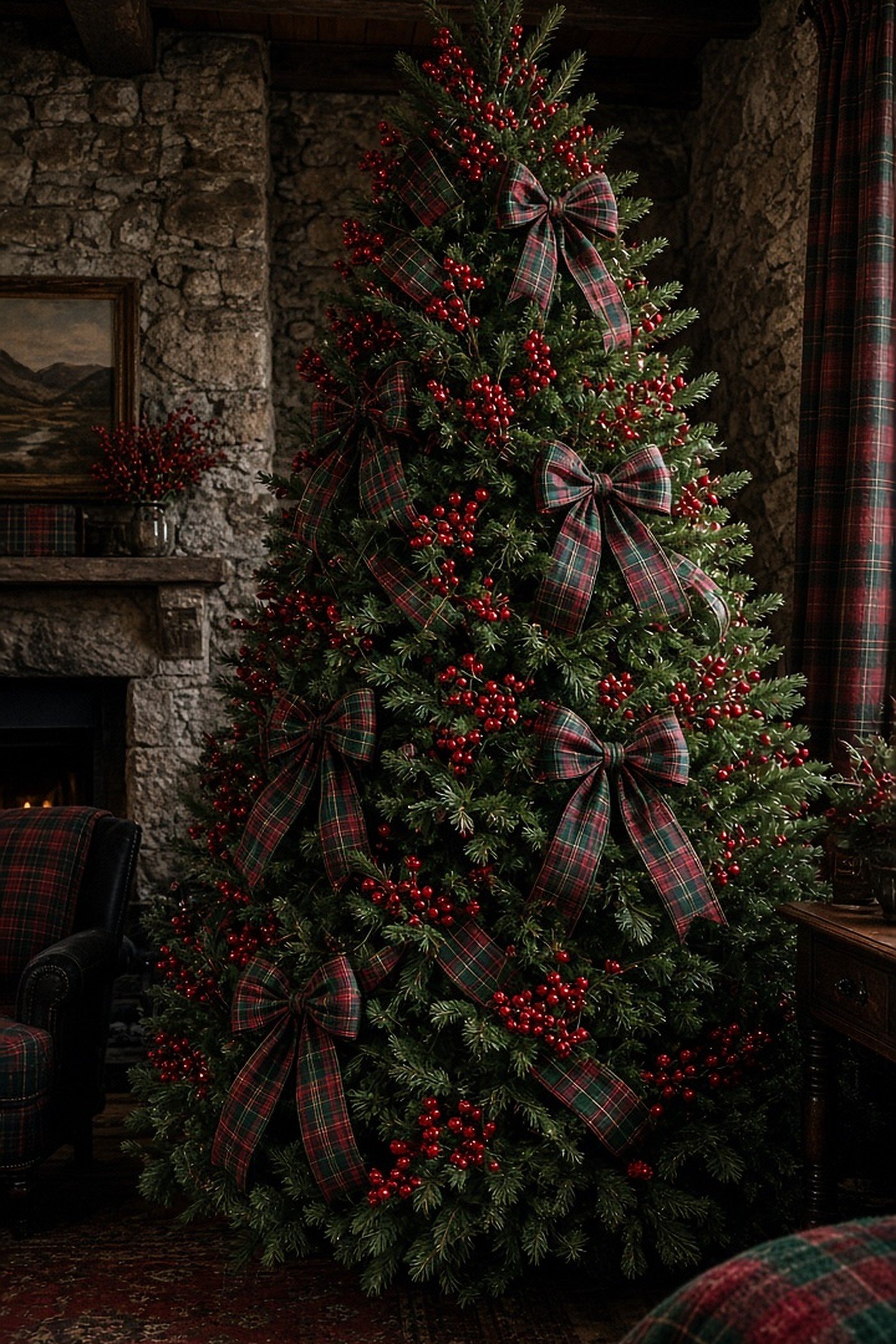 Christmas tree with red and green tartan plaid bows and red berries in a cozy stone lodge
