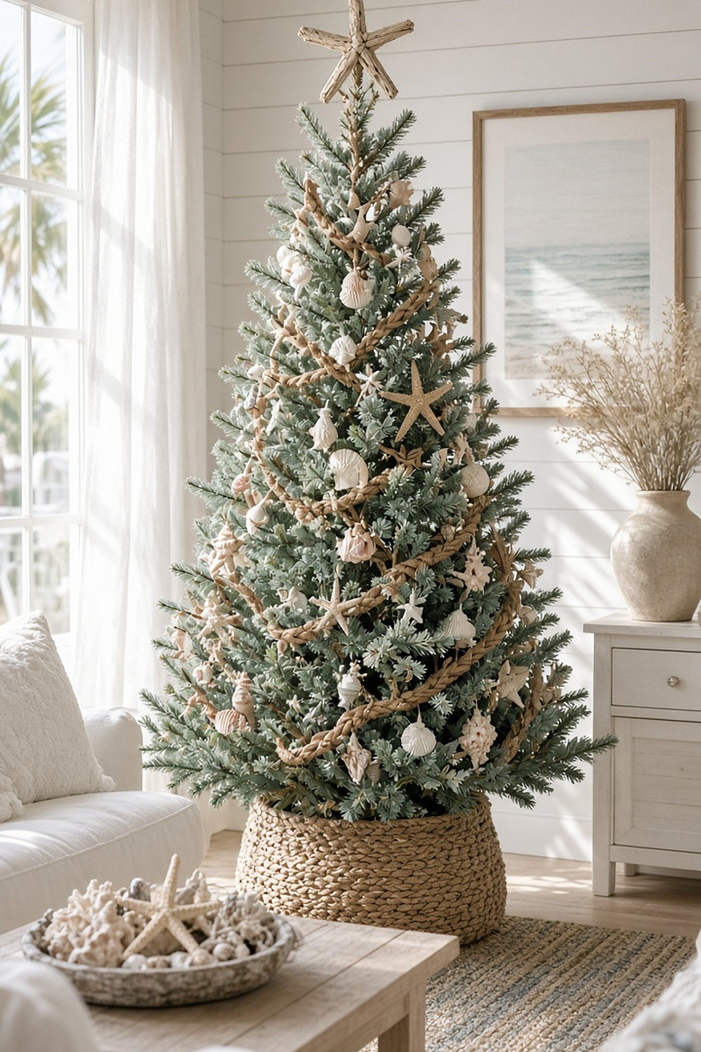 Coastal Christmas tree with seashell ornaments, starfish and rope garland with a driftwood star in a beach house