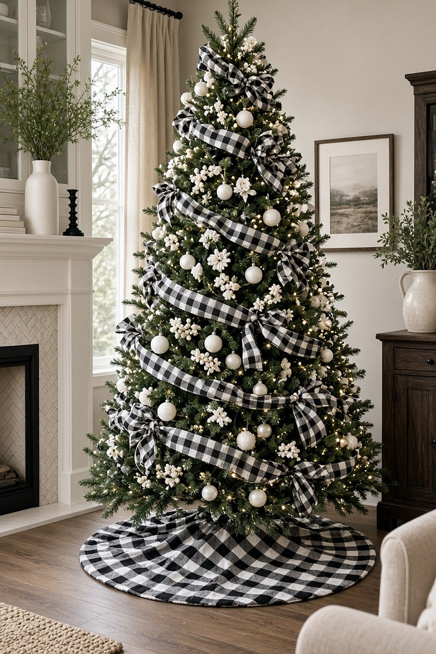 Modern farmhouse Christmas tree with black and white buffalo check ribbon and matching tree skirt