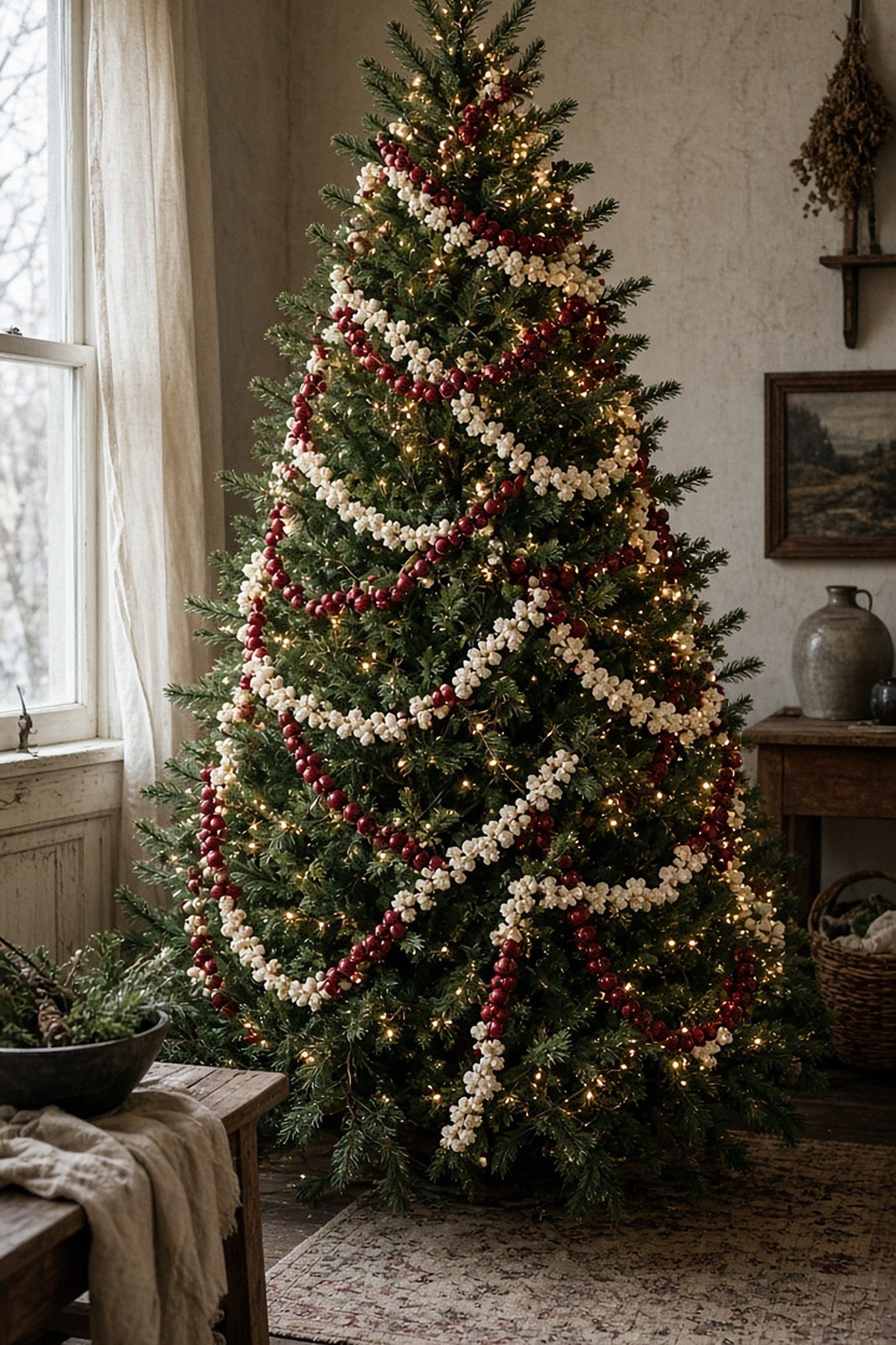 Old-fashioned Christmas tree with popcorn and cranberry garlands in a vintage farmhouse
