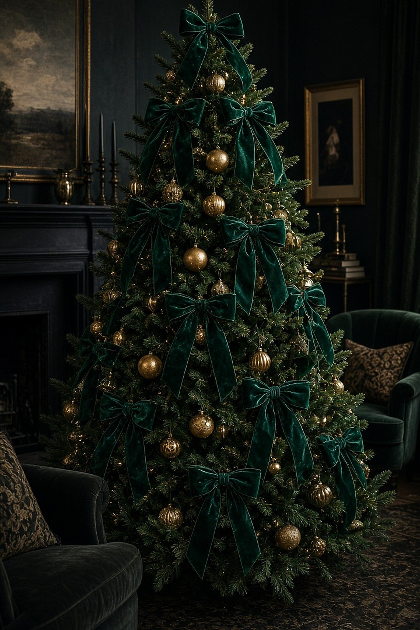 Christmas tree with emerald green velvet bows and gold ornaments in a moody dark living room