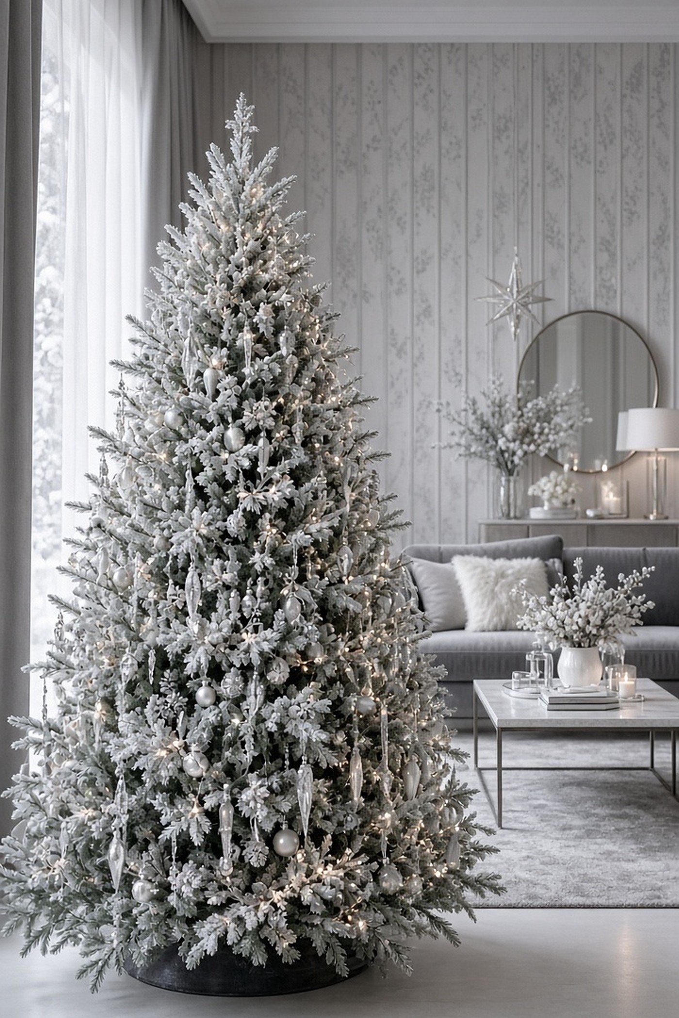 Frosted Christmas tree with silver and white icicle ornaments in a monochrome winter wonderland living room