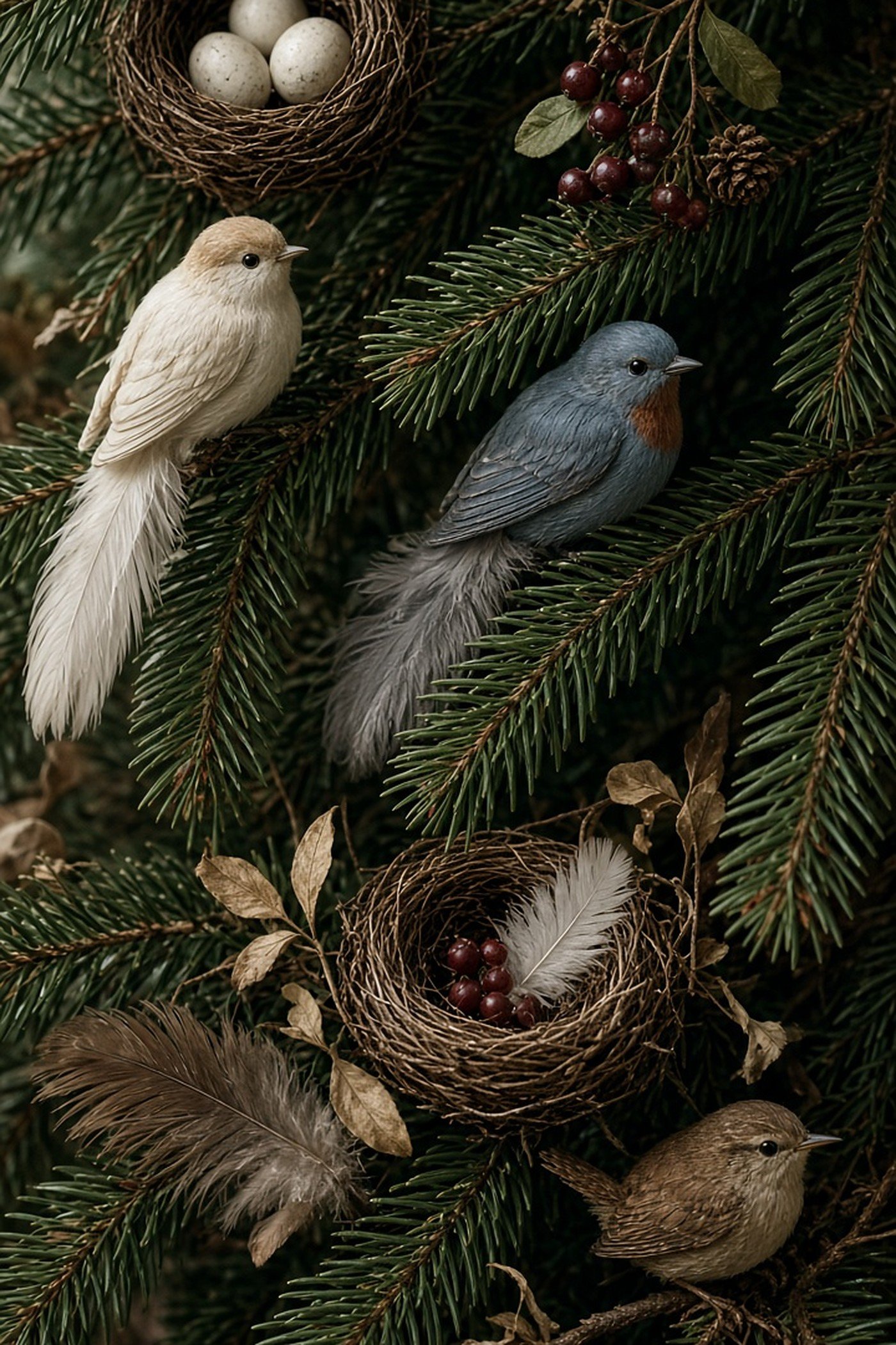 Close-up of Christmas tree branches with bird ornaments, twig nests, feathers and red berries
