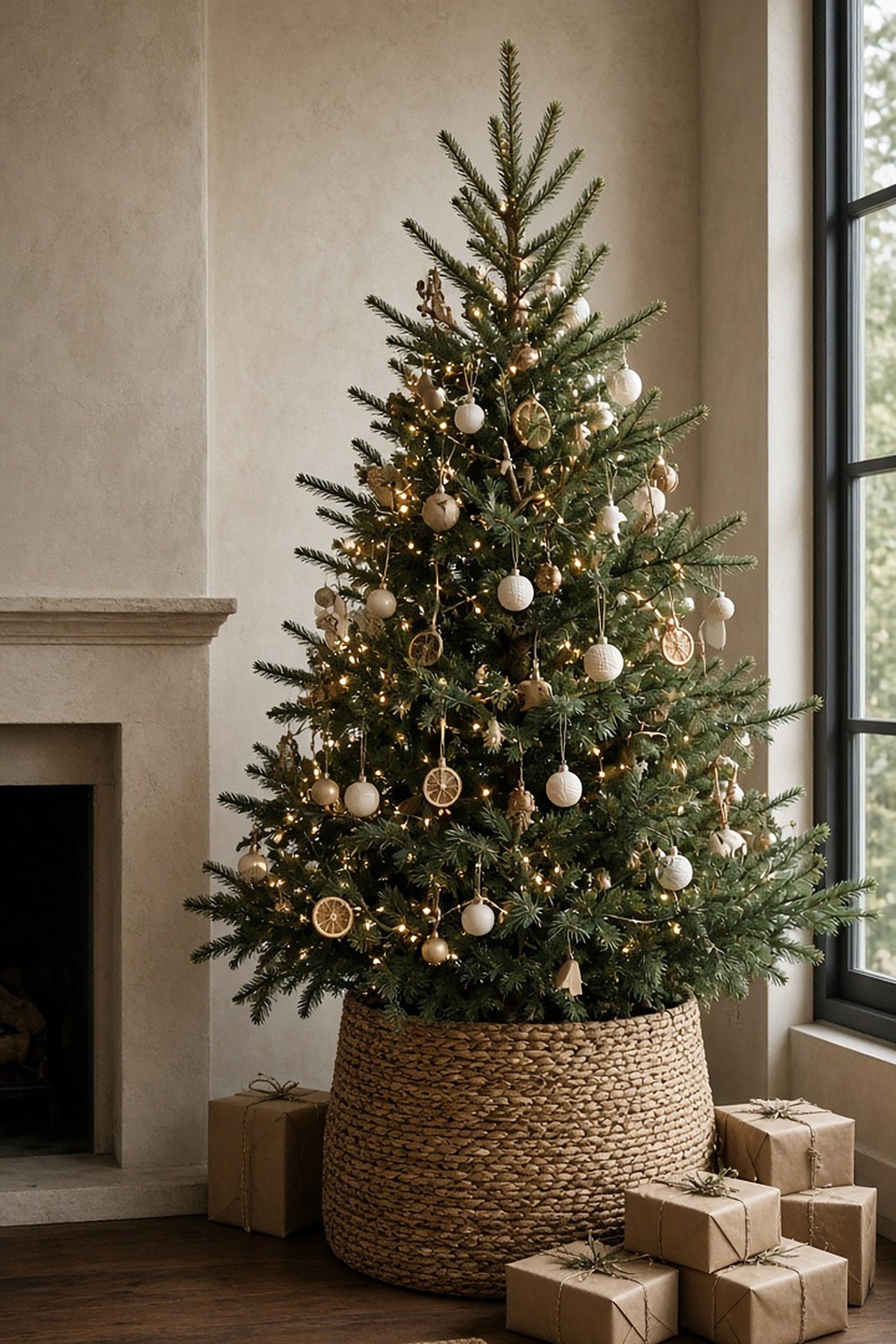 Christmas tree in a large woven seagrass basket collar with neutral ornaments and kraft paper gifts