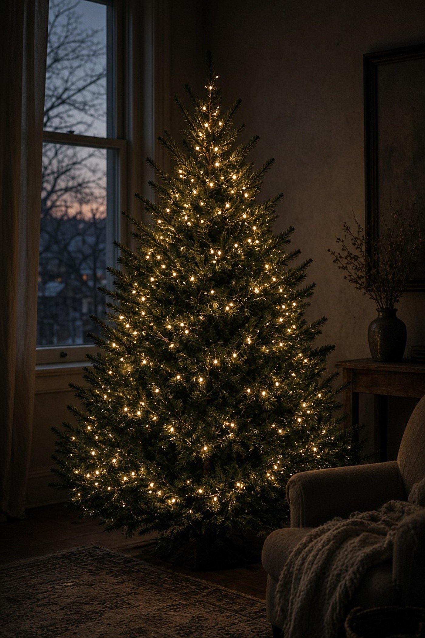 Christmas tree decorated only with warm fairy lights glowing in a dim cozy corner at dusk