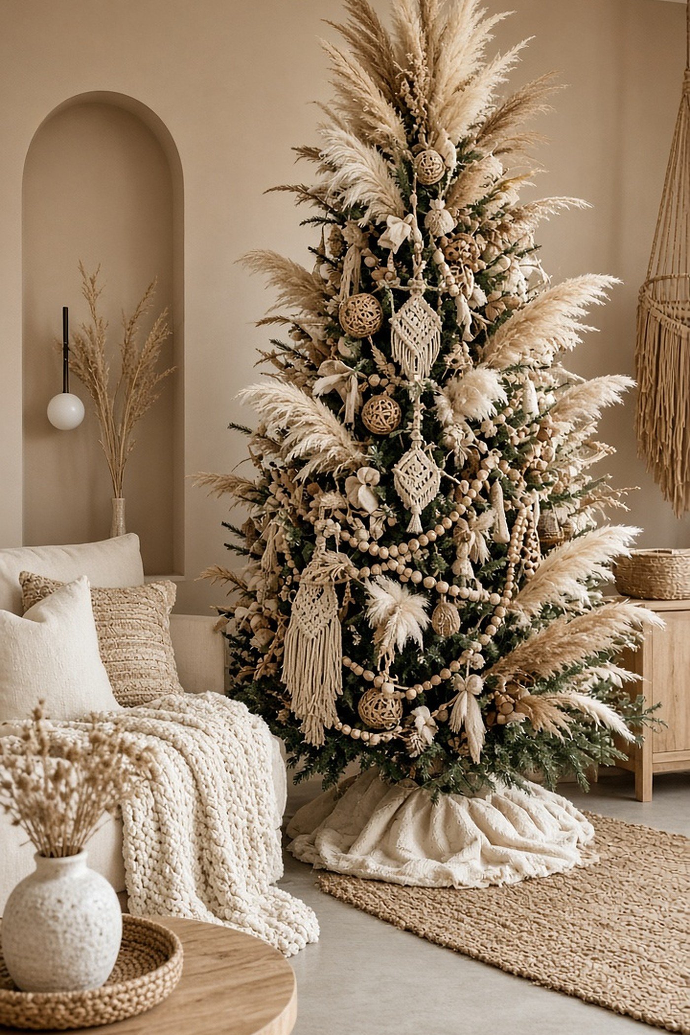 Boho Christmas tree with pampas grass plumes, macrame ornaments and wooden bead garlands