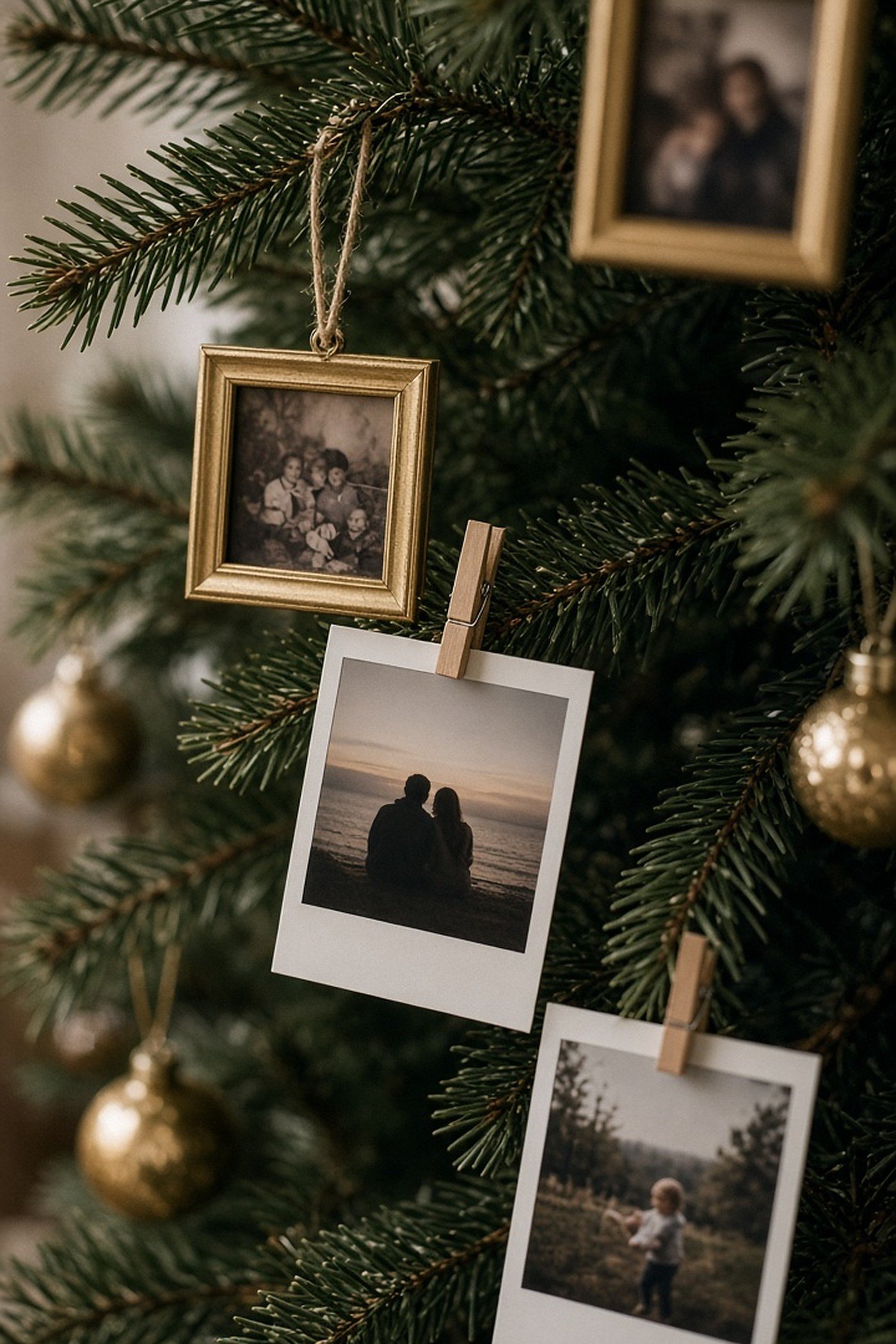 Christmas tree branches with gold frame photo ornaments and clothespin hung polaroid prints