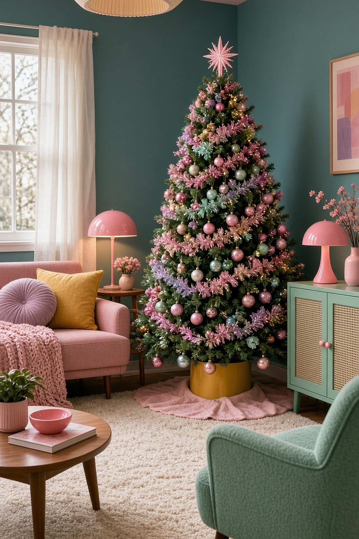 Retro pastel Christmas tree with pink, mint and lilac ornaments and tinsel in a mid-century living room