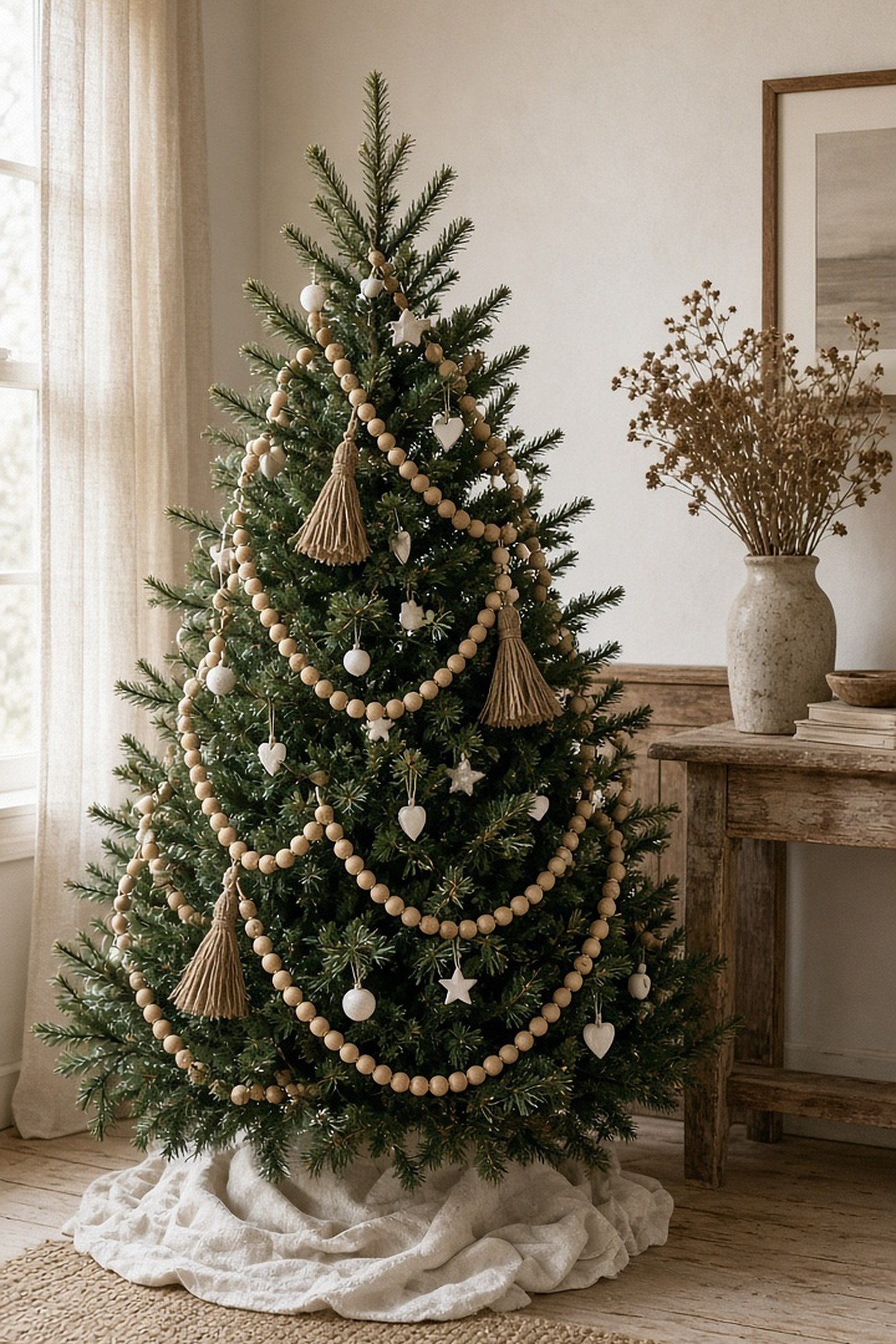 Christmas tree with natural wooden bead garlands with jute tassels and white ornaments