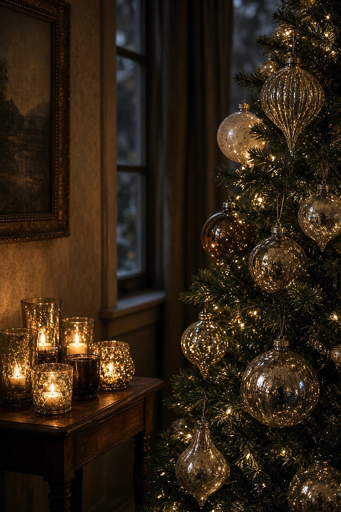 Christmas tree with antique mercury glass ornaments reflecting candlelight from votives on a side table